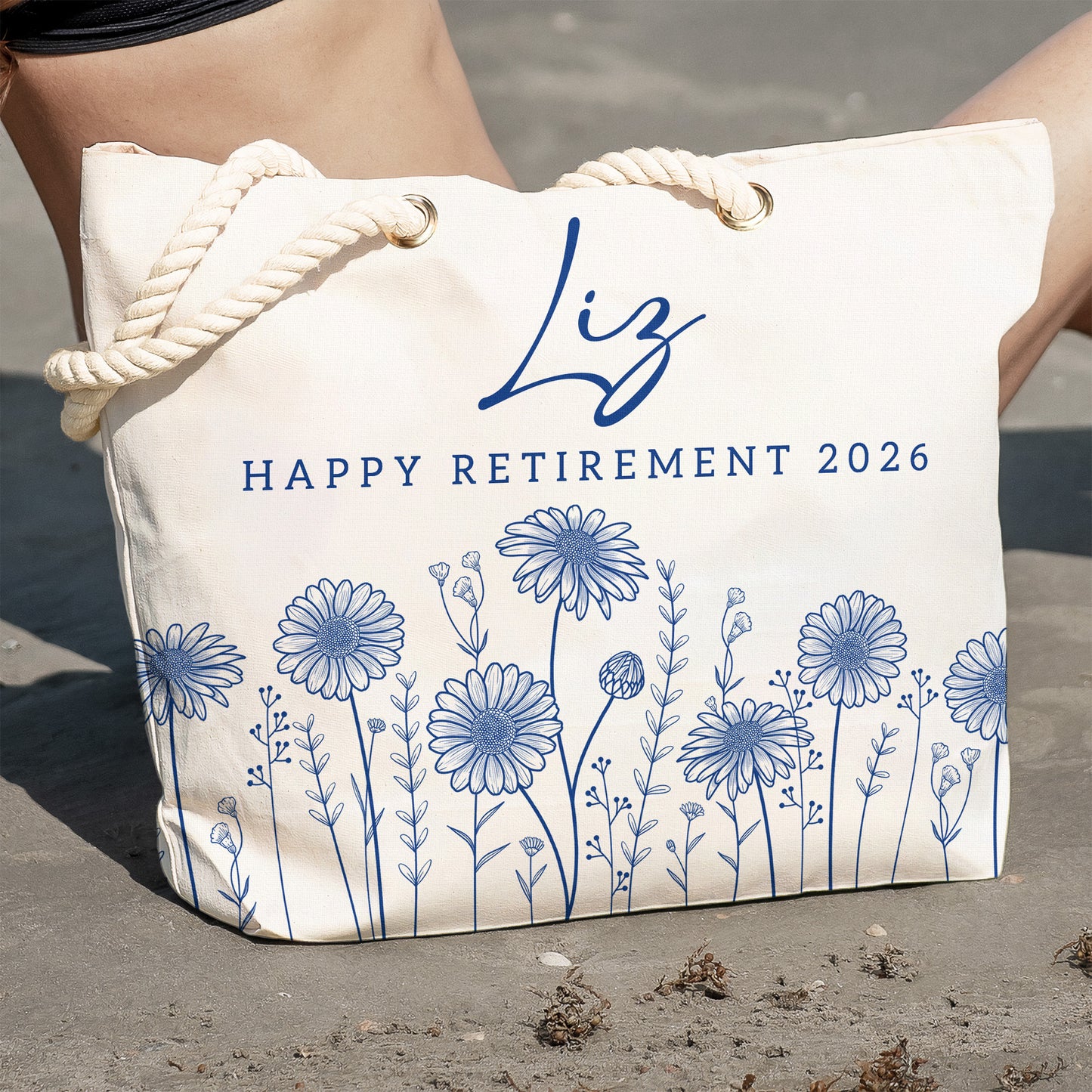 Happy Retirement Custom Birth Flower & Name - Personalized Beach Bag