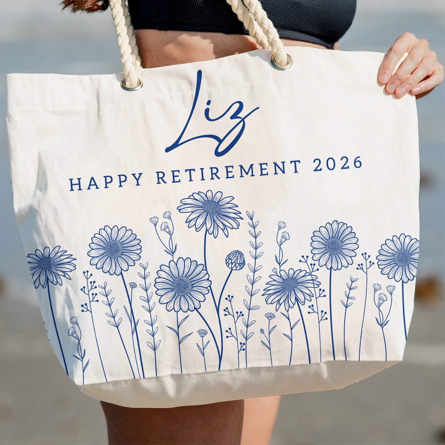 Happy Retirement Custom Birth Flower & Name - Personalized Beach Bag