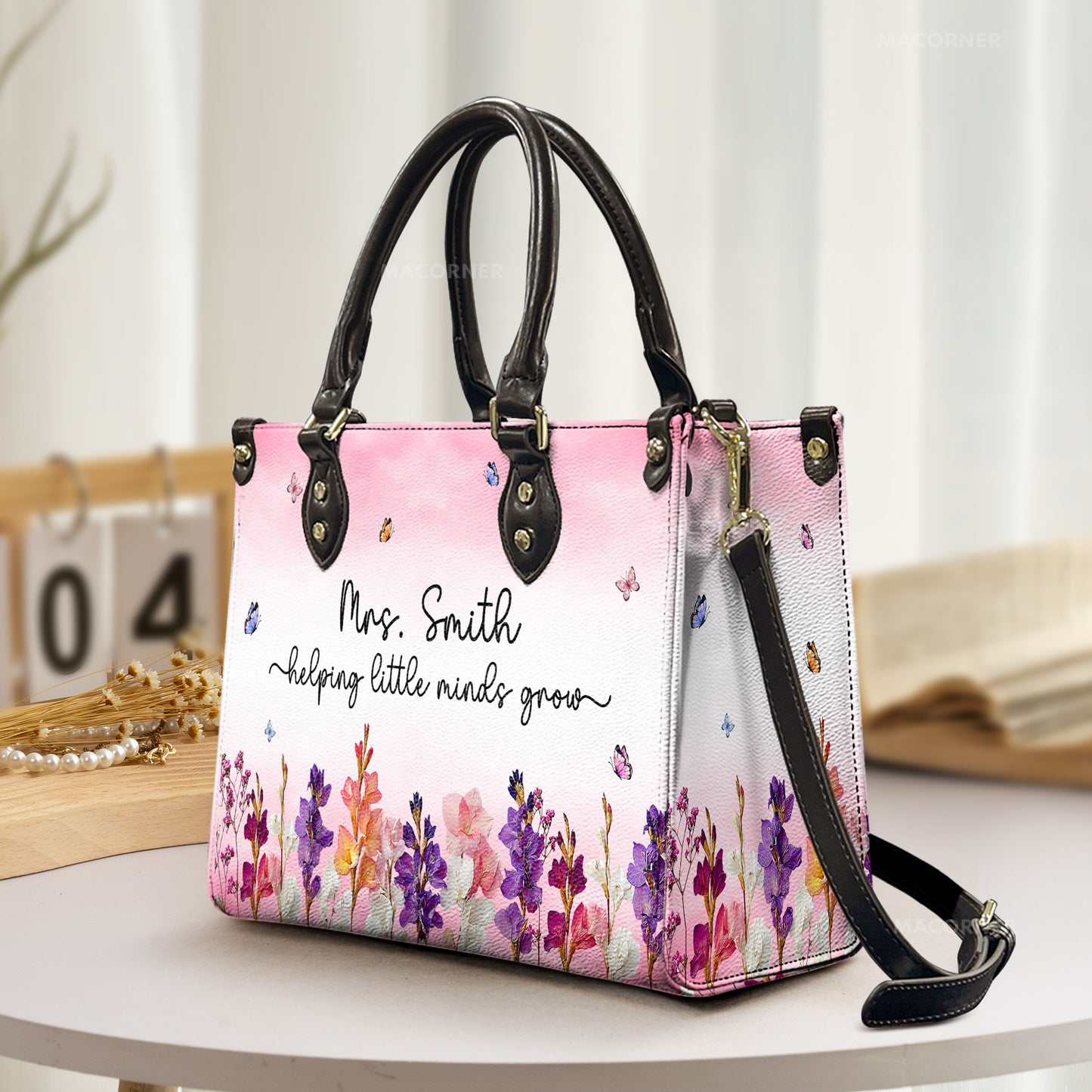 Helping Little Minds Grow Birth Flower Faux Pressed Flower - Personalized Leather Bag