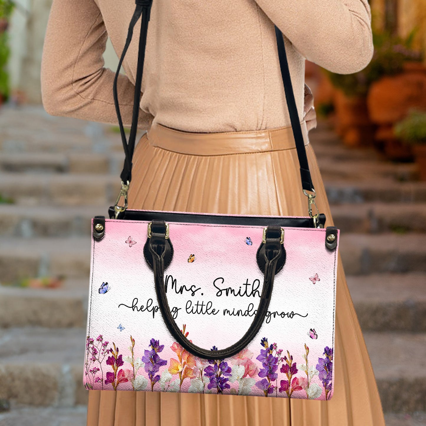 Helping Little Minds Grow Birth Flower Faux Pressed Flower - Personalized Leather Bag