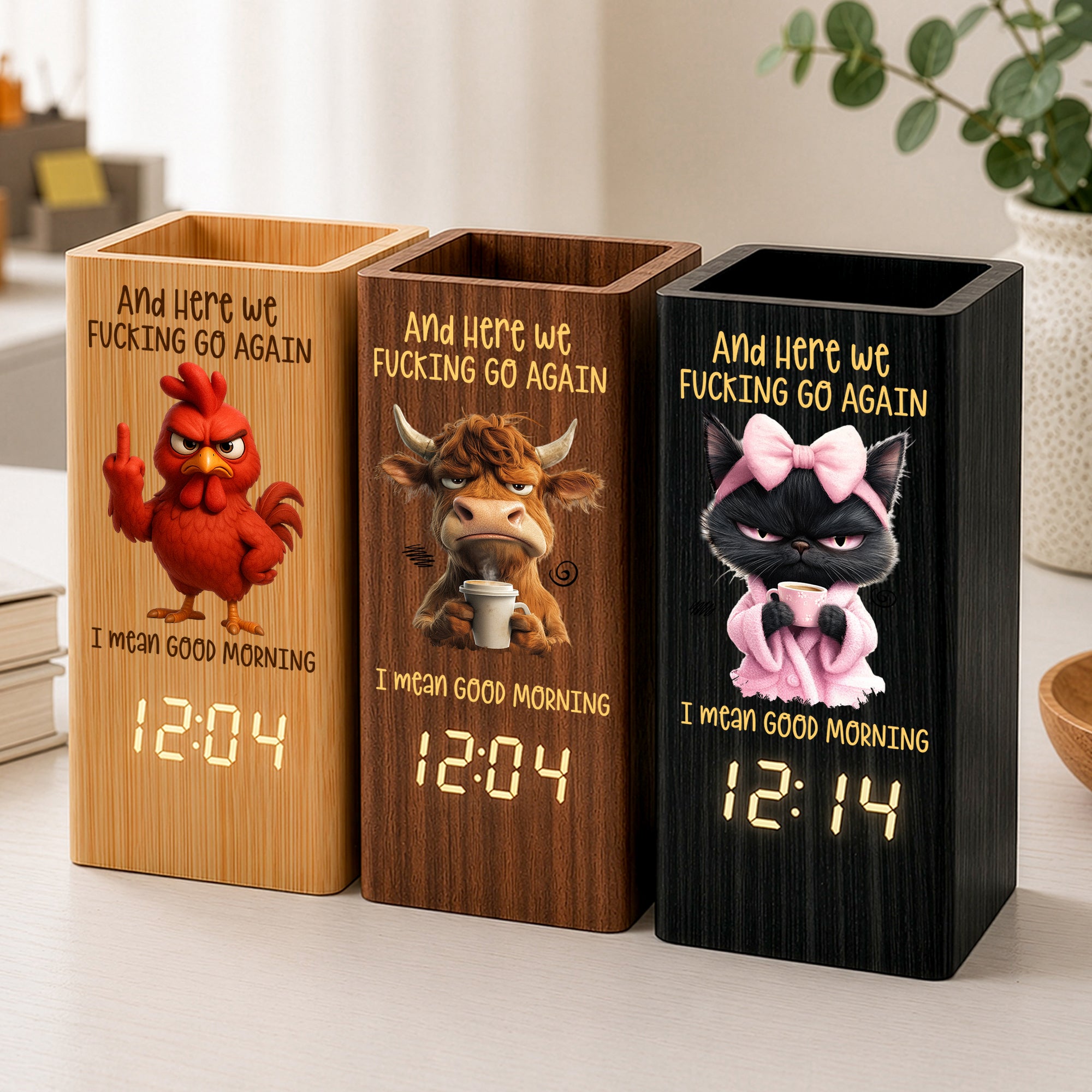 Here-We-FCking-Go-Again-I-Mean-Good-Morning-Funny-Gifts-For-Coworkers,-Boss,-Friend-Personalized-Pen-Holder-With-Clock-1