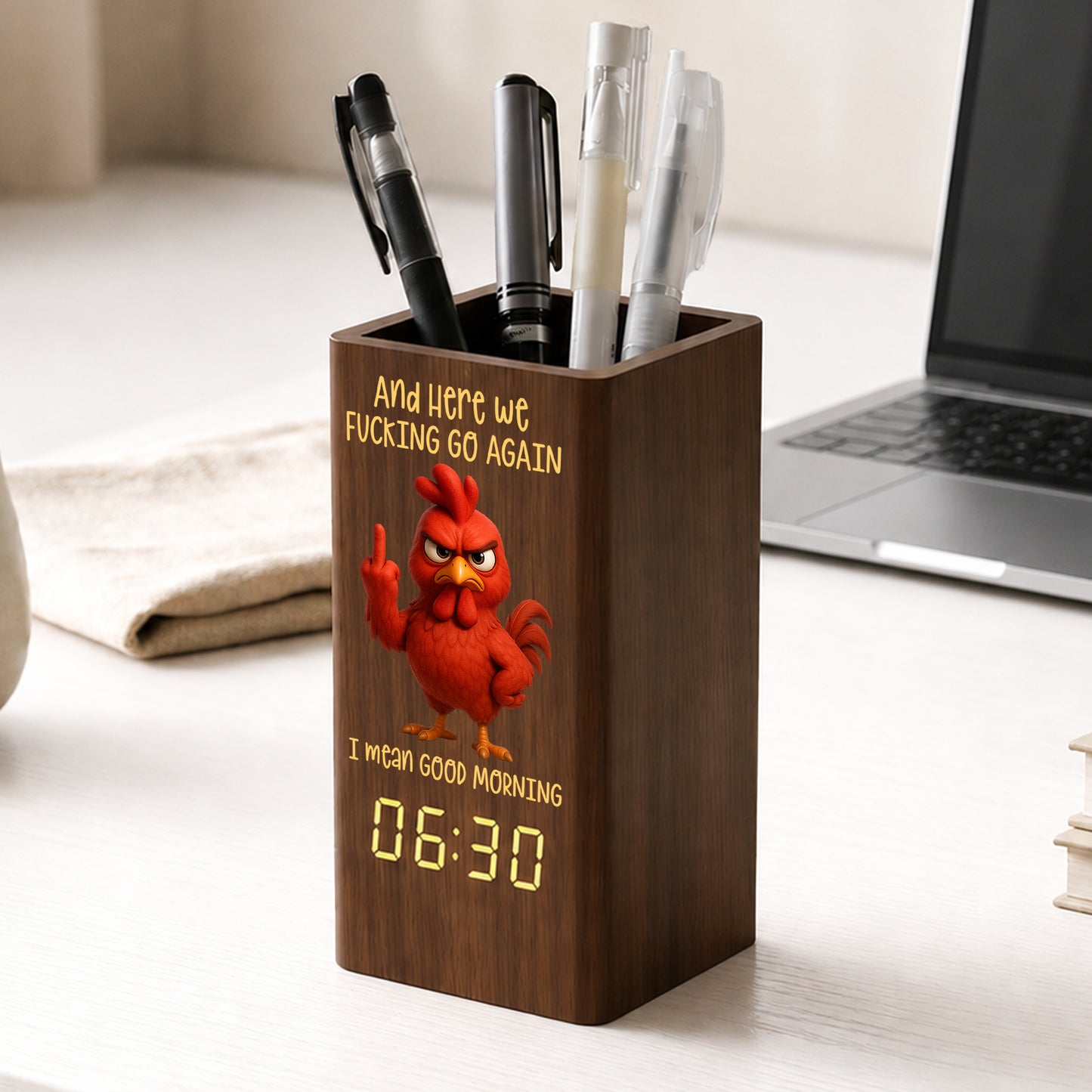 Here-We-FCking-Go-Again-I-Mean-Good-Morning-Funny-Gifts-For-Coworkers,-Boss,-Friend-Personalized-Pen-Holder-With-Clock-2