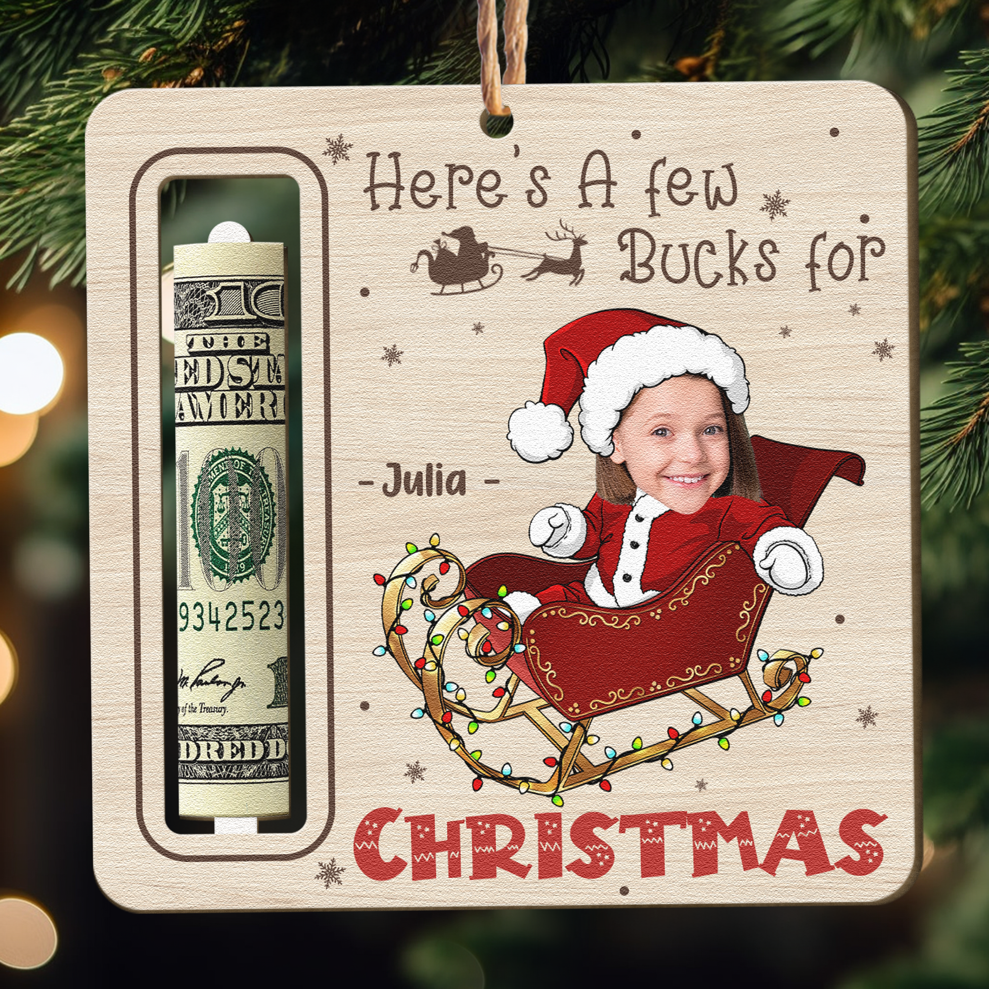 Here's A Few Bucks For Kid Christmas Money Holder - Personalized Wooden Photo Ornament