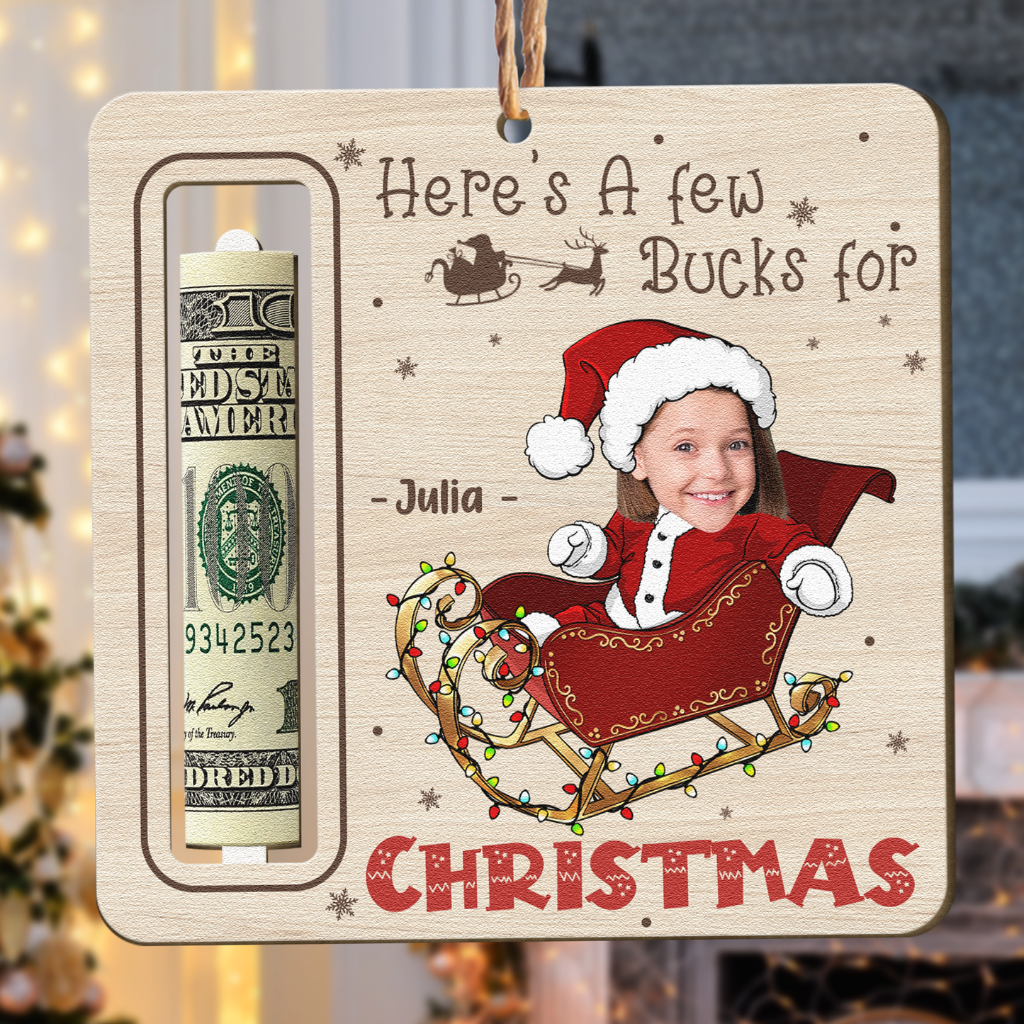 Here's A Few Bucks For Kid Christmas Money Holder - Personalized Wooden Photo Ornament