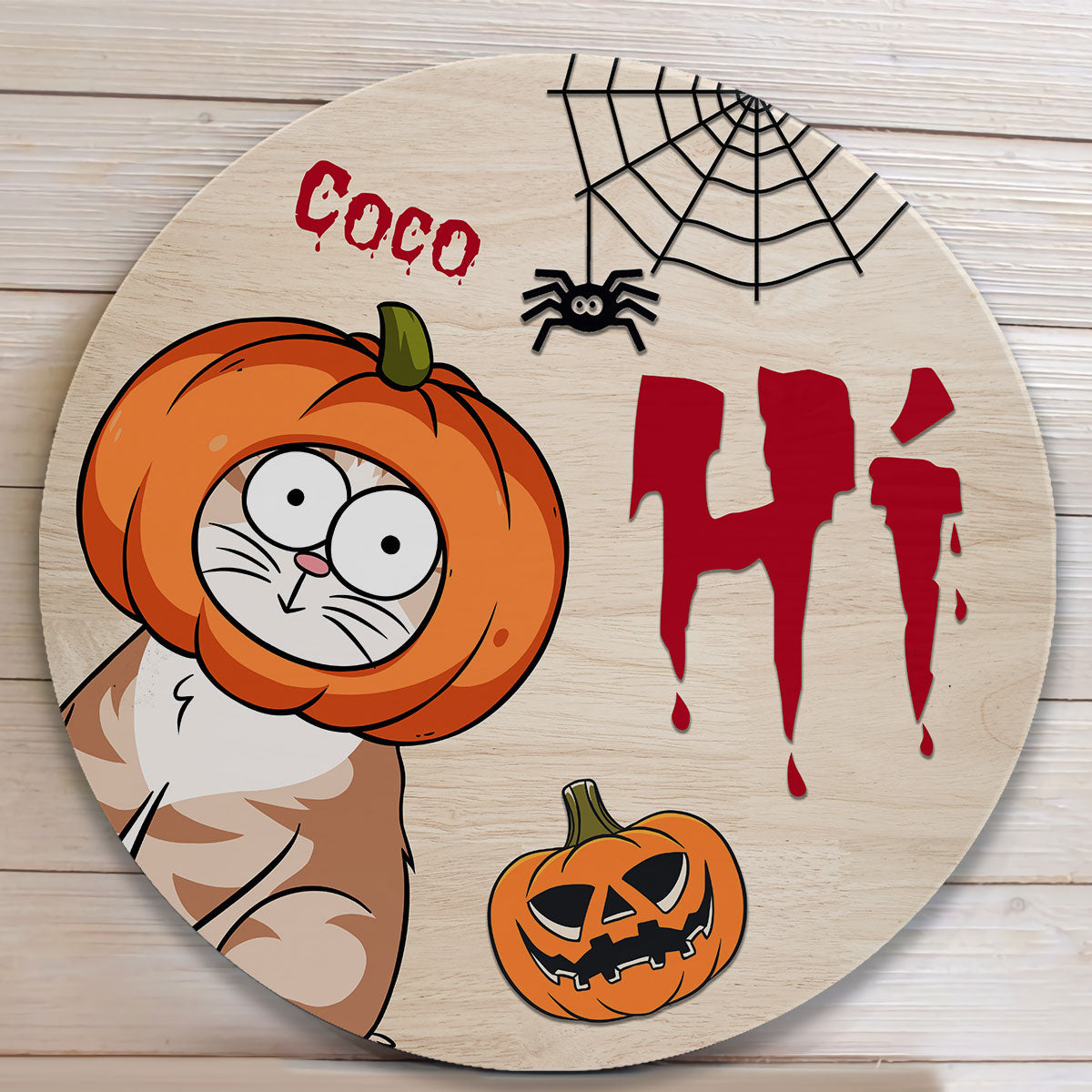 Hi Halloween Cats - Personalized Round Wood Sign