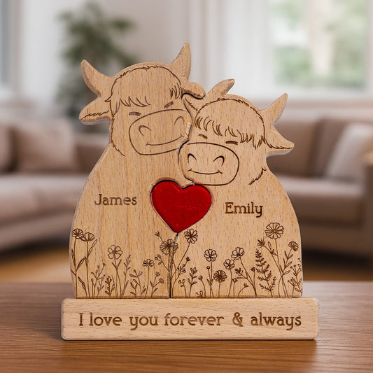 Highland Cow Couple Anniversary Gift Valentine's Day Gift - Personalized Wooden Puzzle