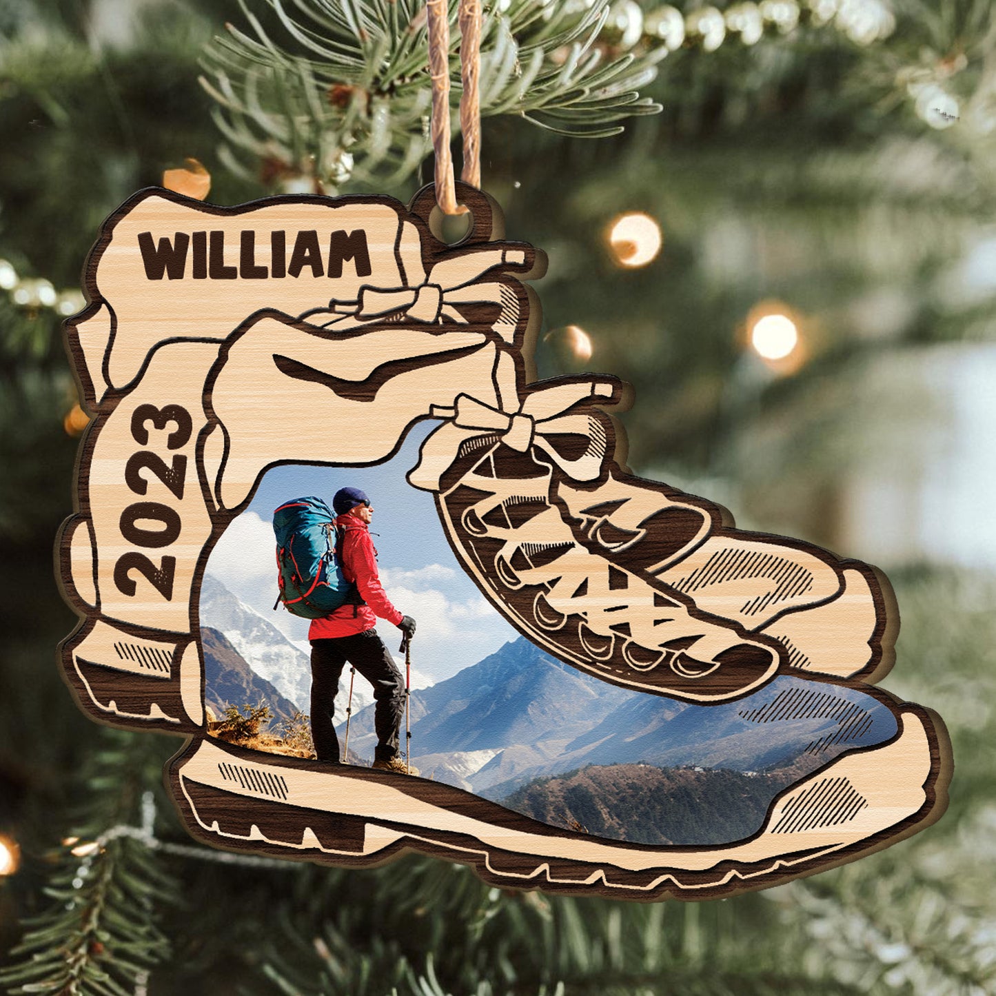 Hiking Boots Ornament - Personalized Wooden Photo Ornament
