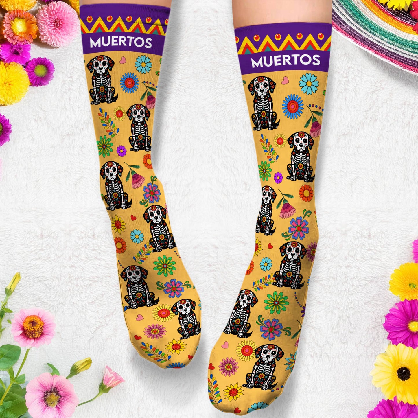 Hispanic Floral Pet Sugar Skull Halloween Day Of The Dead - Personalized Crew Socks