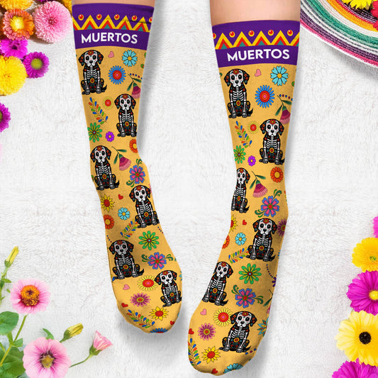 Hispanic Floral Pet Sugar Skull Halloween Day Of The Dead - Personalized Crew Socks