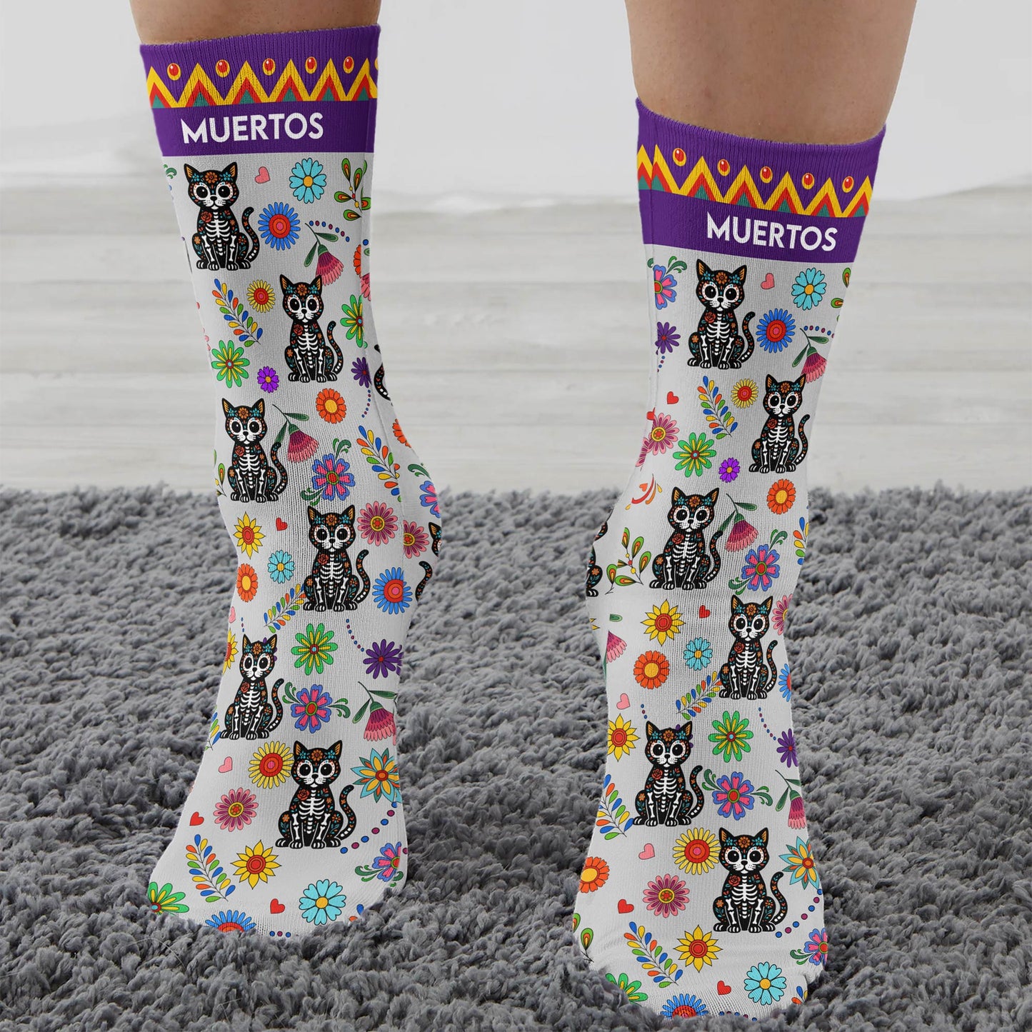 Hispanic Floral Pet Sugar Skull Halloween Day Of The Dead - Personalized Crew Socks