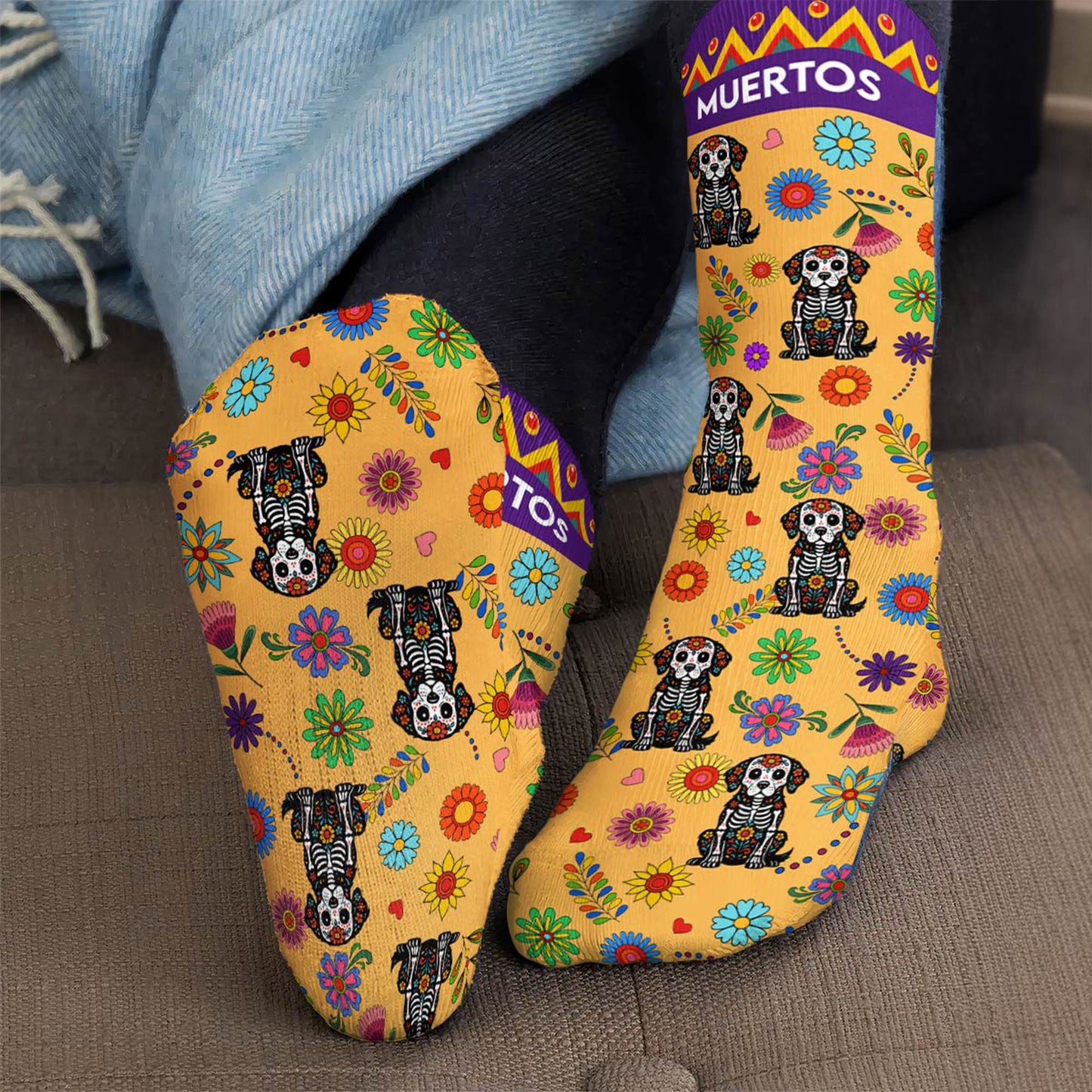 Hispanic Floral Pet Sugar Skull Halloween Day Of The Dead - Personalized Crew Socks