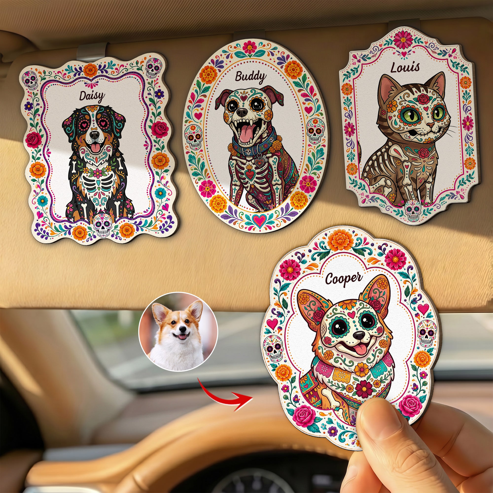 Hispanic-Floral-Pet-Day-Of-The-Dead-Gifts-For-Pet-Owners-Personalized-Car-Visor-Clip-1
