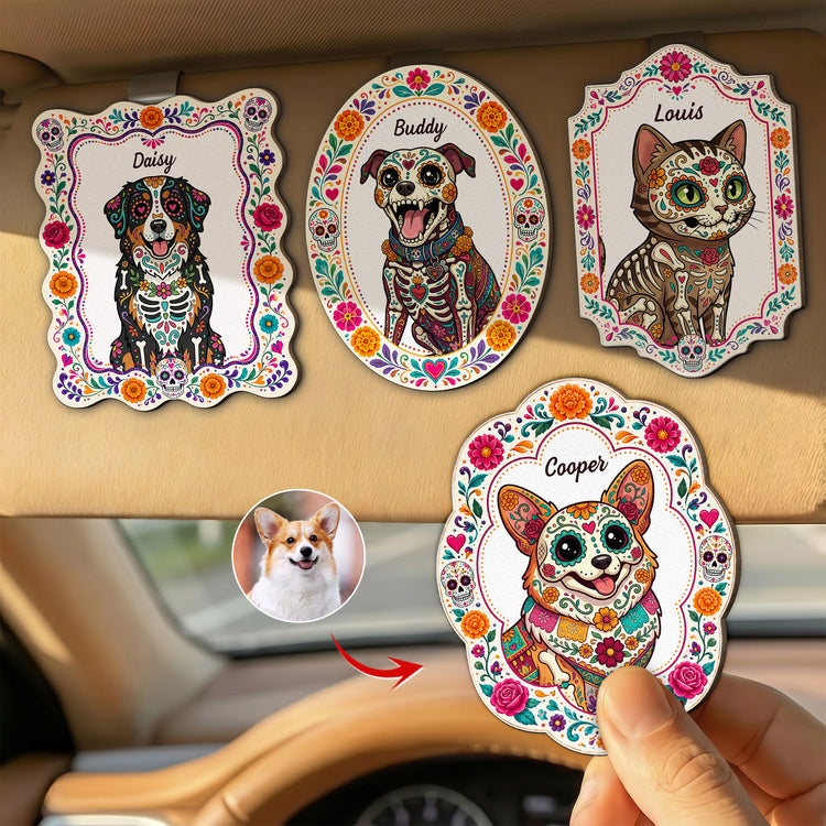 Hispanic-Floral-Pet-Day-Of-The-Dead-Gifts-For-Pet-Owners-Personalized-Car-Visor-Clip-1