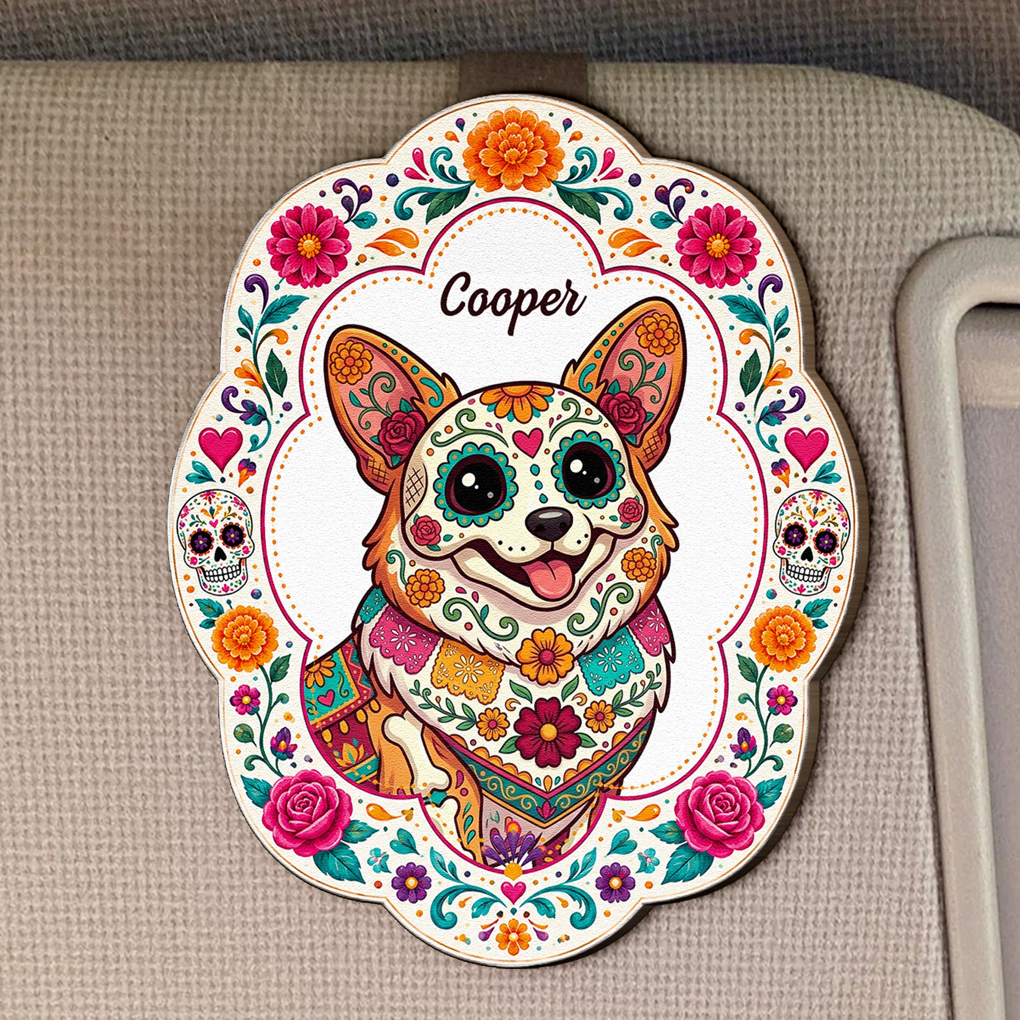 Hispanic-Floral-Pet-Day-Of-The-Dead-Gifts-For-Pet-Owners-Personalized-Car-Visor-Clip-2