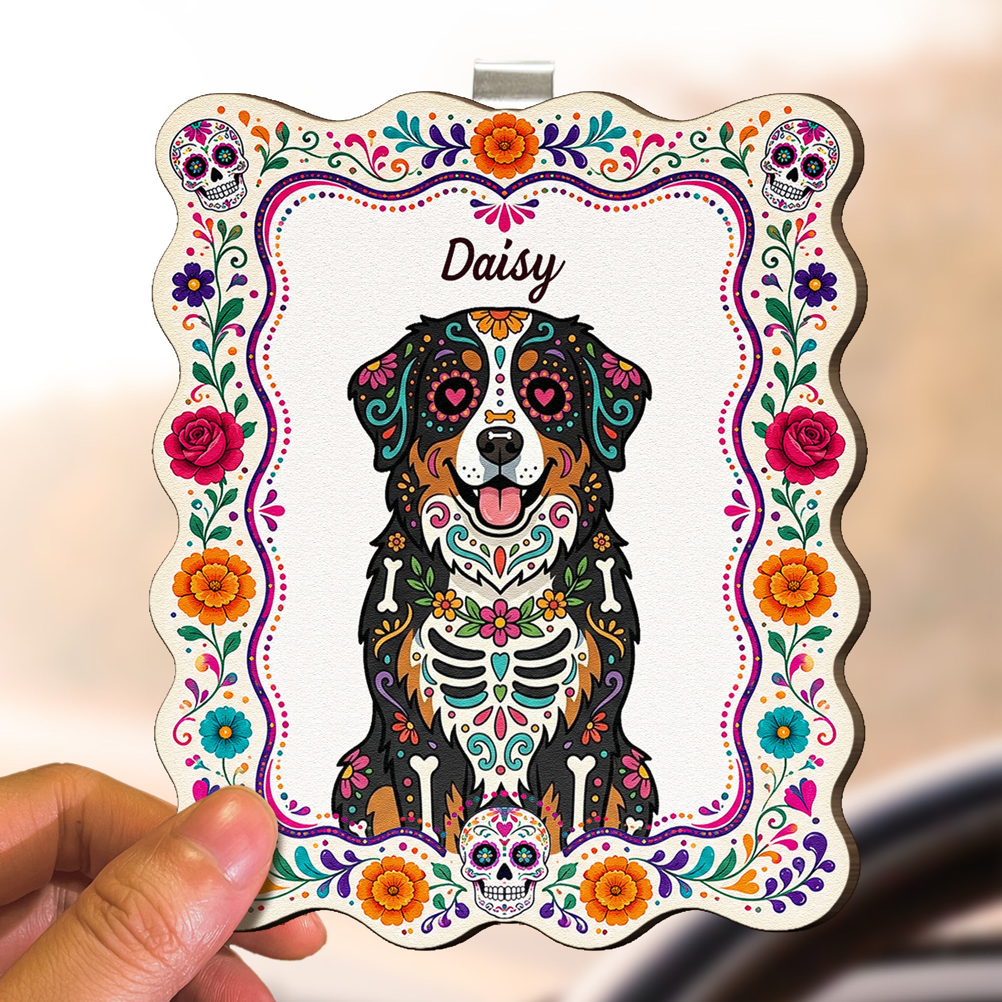 Hispanic-Floral-Pet-Day-Of-The-Dead-Gifts-For-Pet-Owners-Personalized-Car-Visor-Clip-4