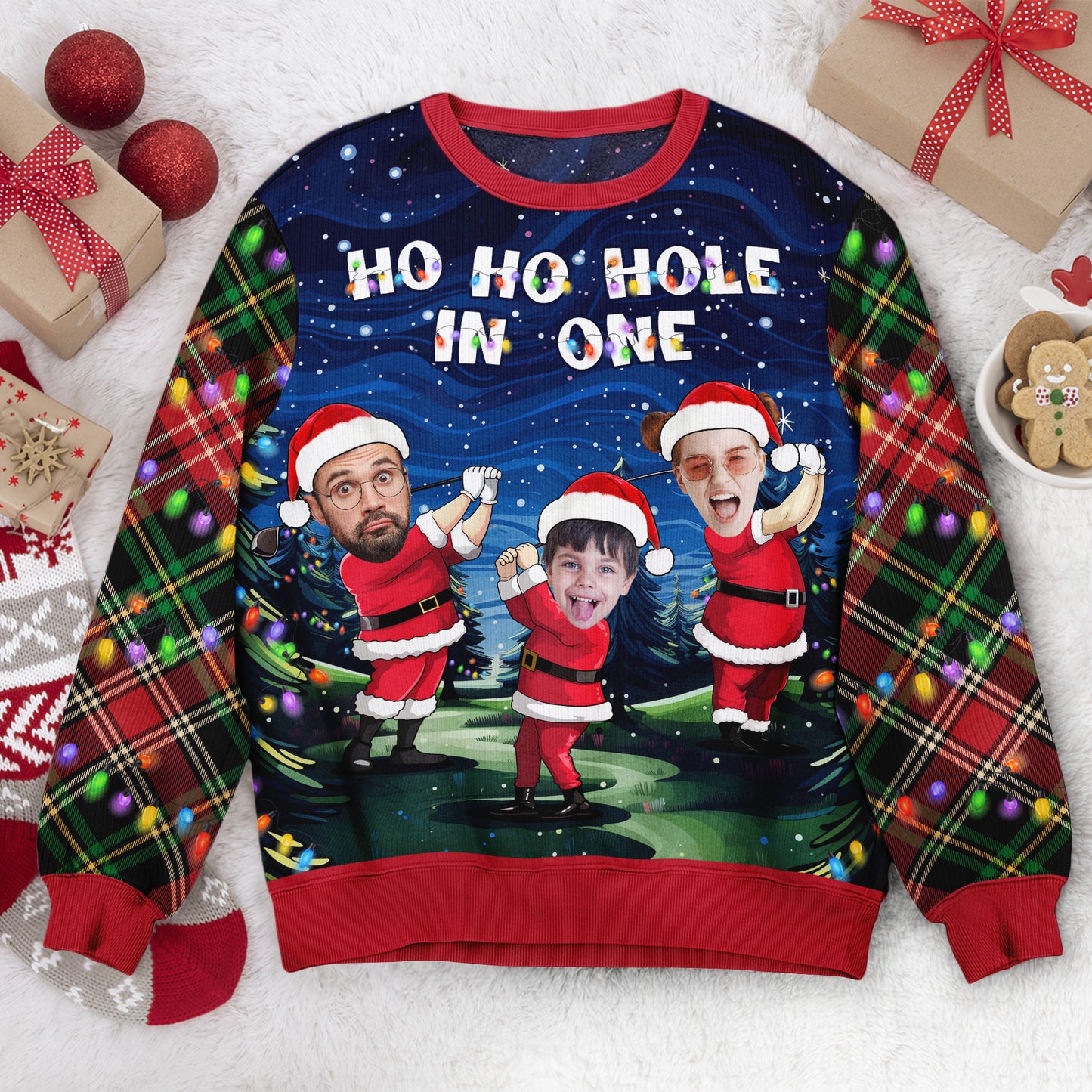 Ho Ho Hole In One Santa Golfer - Personalized Photo Ugly Sweater