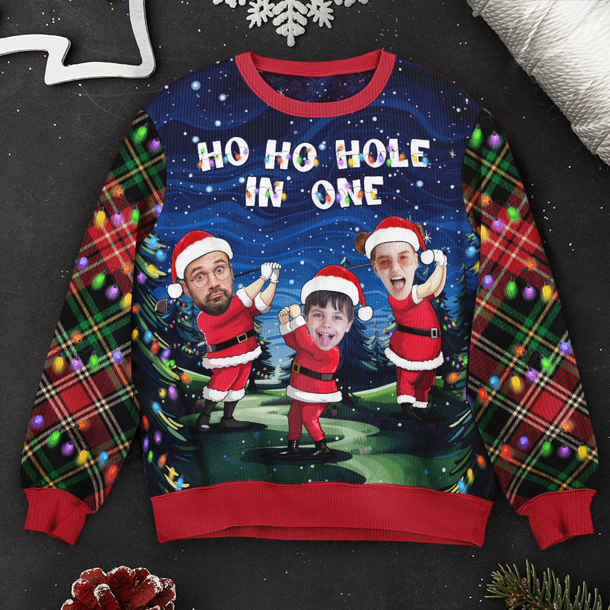 Ho Ho Hole In One Santa Golfer - Personalized Photo Ugly Sweater