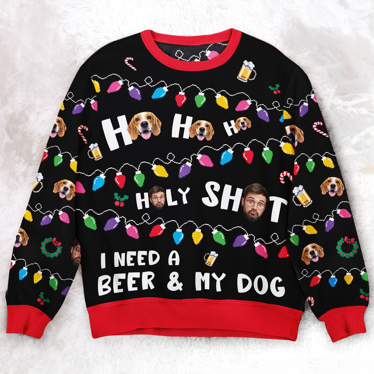 Ho Ho Holy I Need A Beer And My Dog - Personalized Photo Ugly Sweater