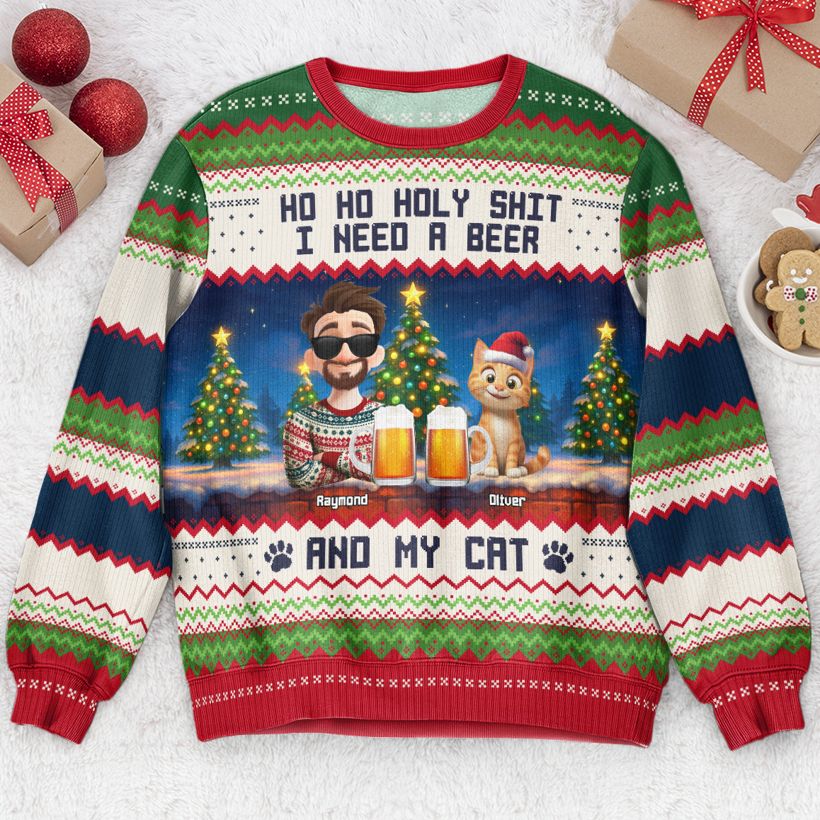 Ho Ho Holy I Need A Beer Bourbon Wine And My Cat New Ver - Personalized Ugly Sweater
