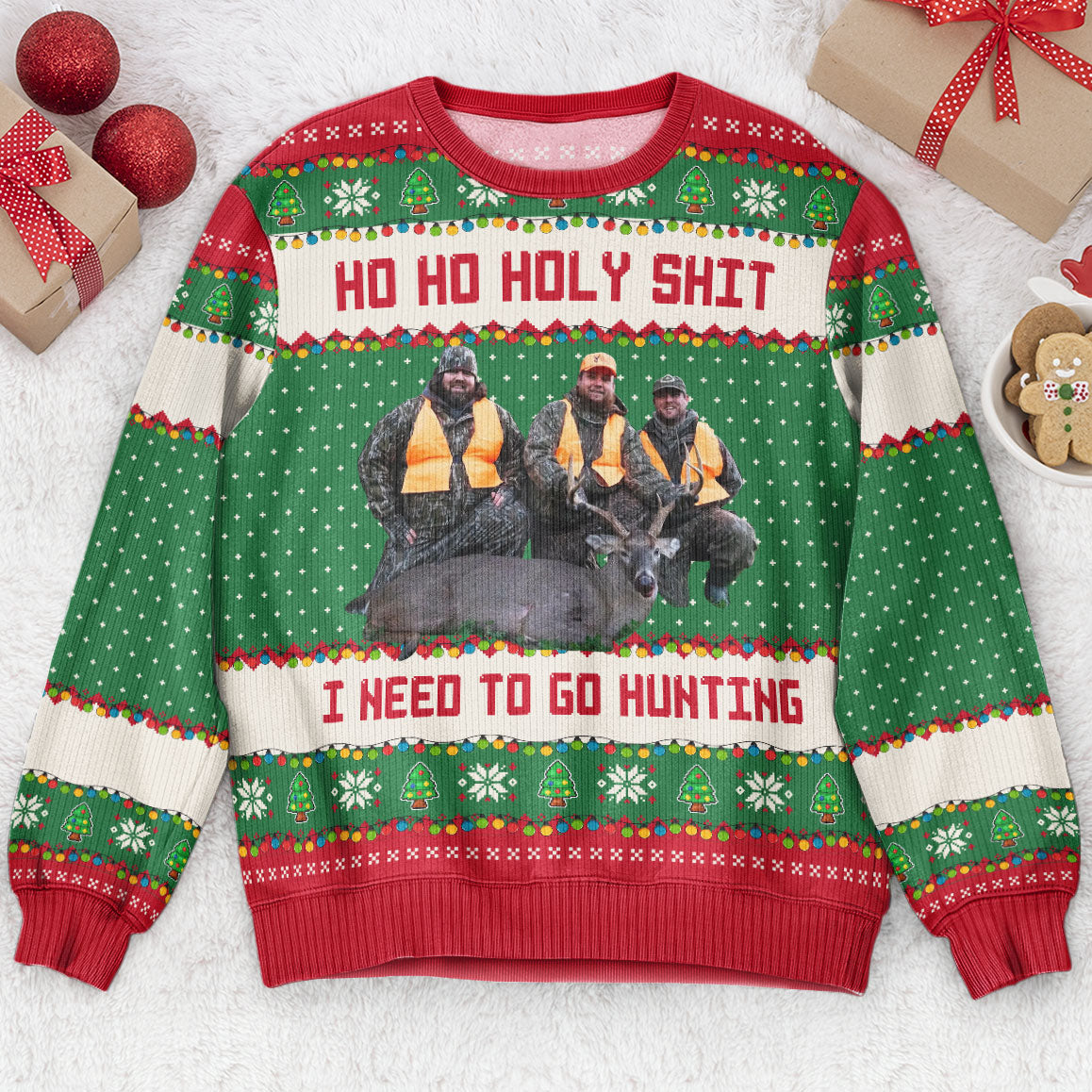 Ho Ho Holy Sh** I Need To Go Hunting, Fishing, Camping - Personalized Photo Ugly Sweater