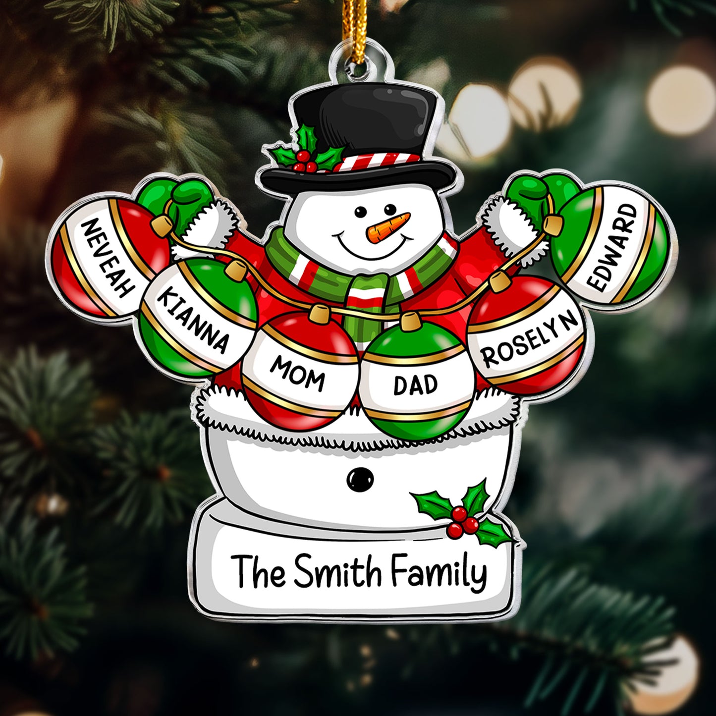 Holly Jolly Snowman Family - Personalized Acrylic Ornament