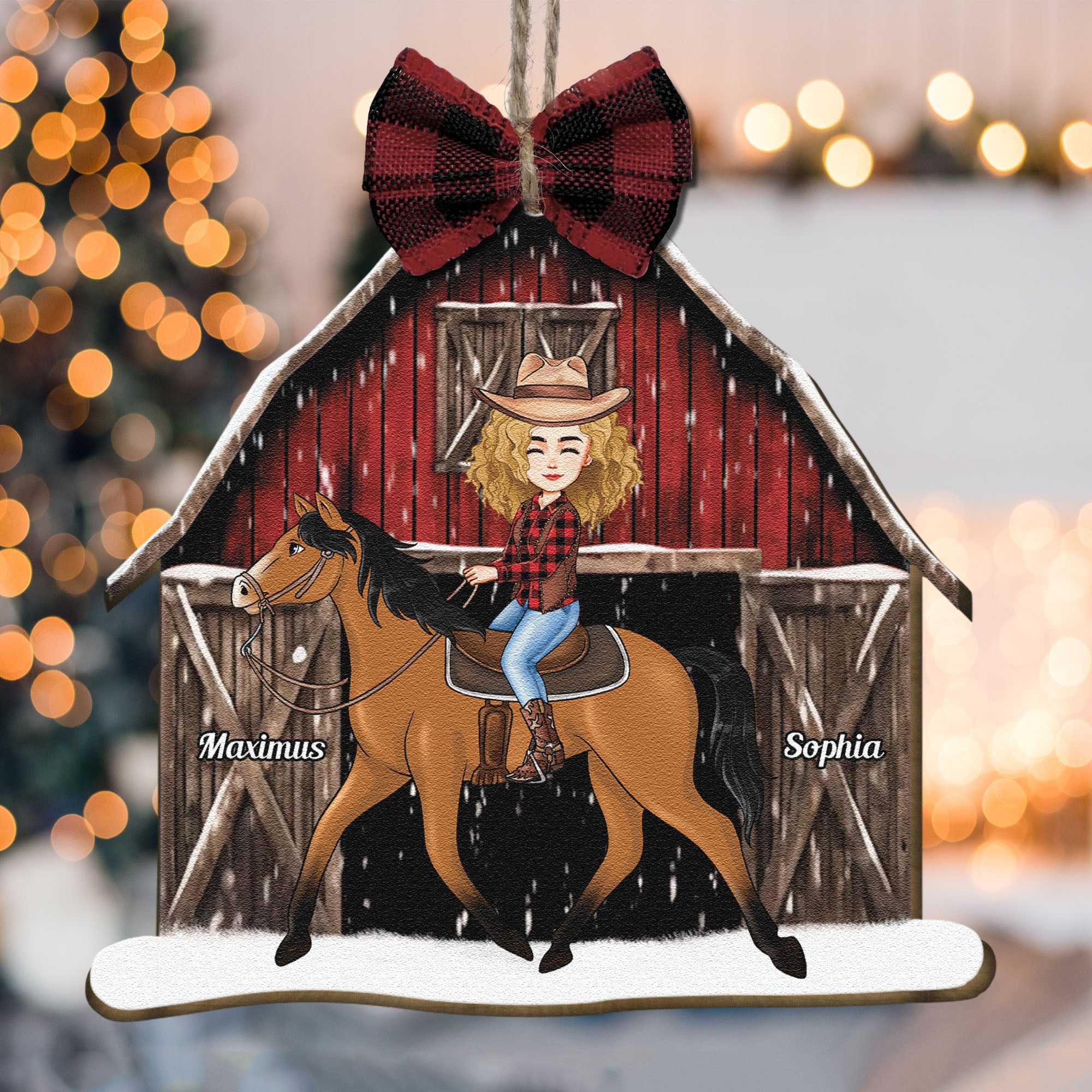 Horse Lovers Girl Riding Horse Red Xmas Barn - Personalized Wooden Ornament With Bow