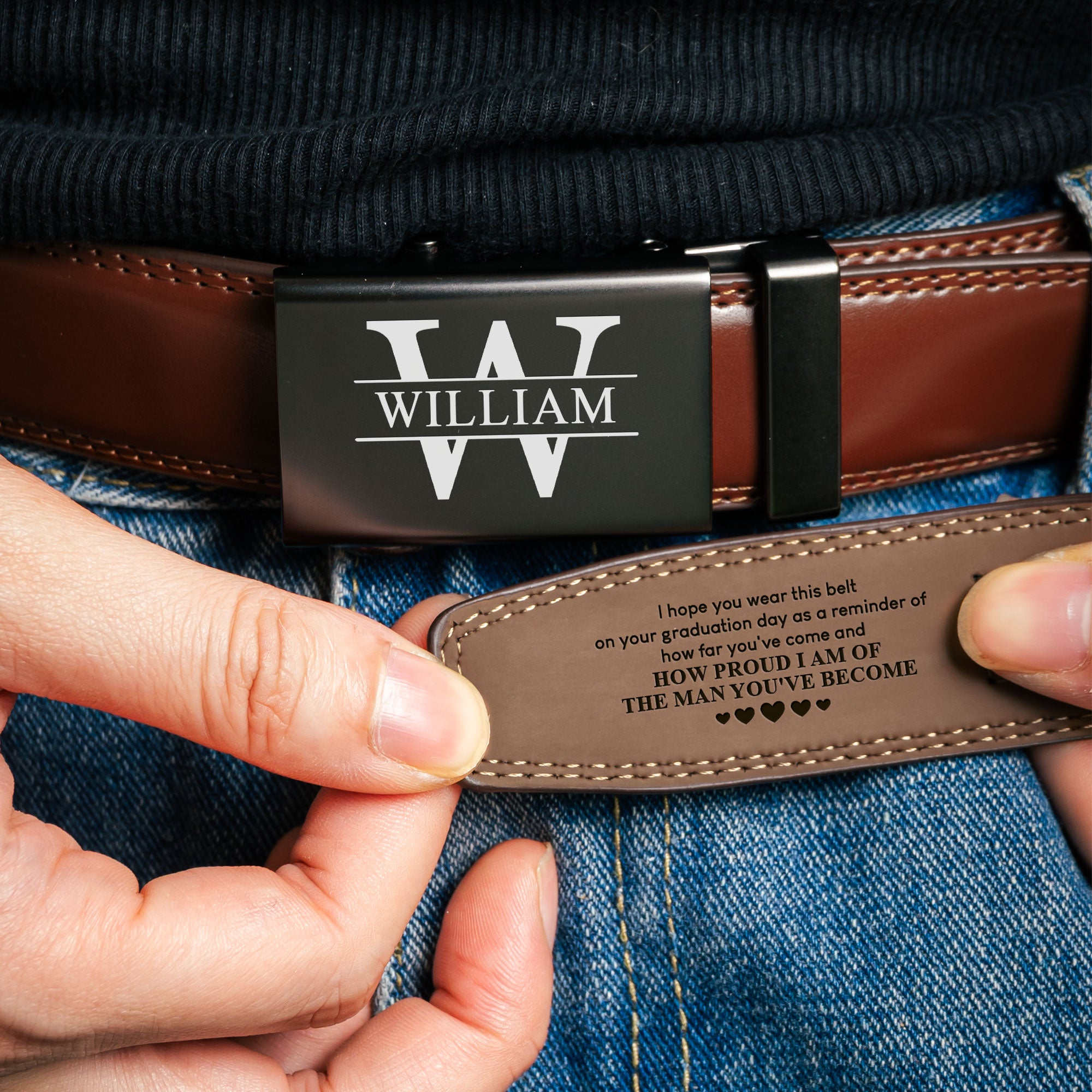 How Proud I Am Of The Man You've Become - Personalized Leather Belt With Engraved Buckle