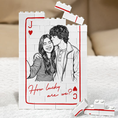 How Lucky Are We Custom Photo Sketch Line Art Anniversary Gift For Him, Her - Personalized Building Blocks