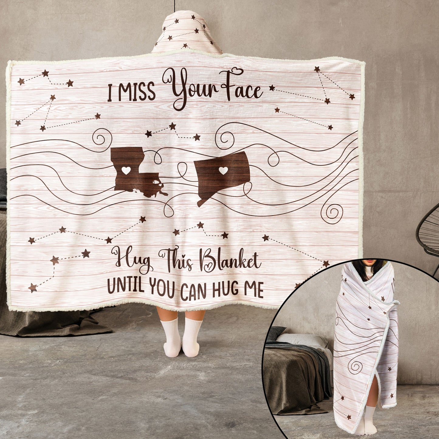 Hug This Blanket Until You Can Hug Me - Custom States - Long Distance Gifts - Personalized Wearable Hooded Blanket