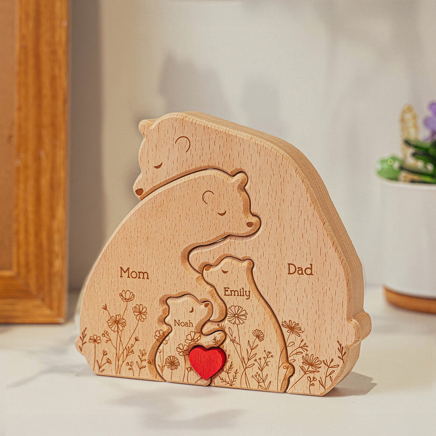 Hugging Bear Family Floral Version - Personalized Wooden Bear Family Puzzle - Christmas Gift For Mom