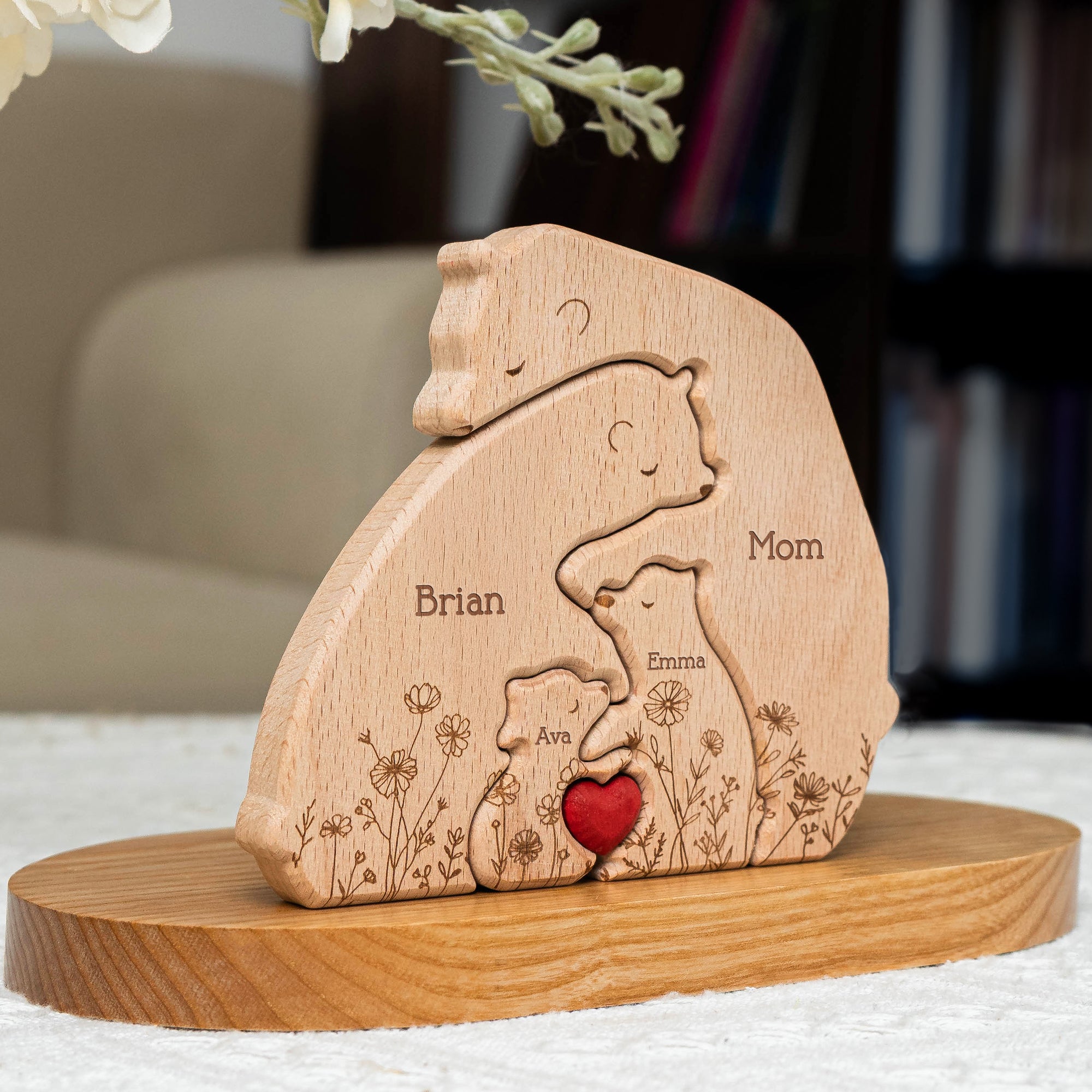 Hugging Bear Family Floral Version - Personalized Wooden Bear Family Puzzle - Christmas Gift For Mom