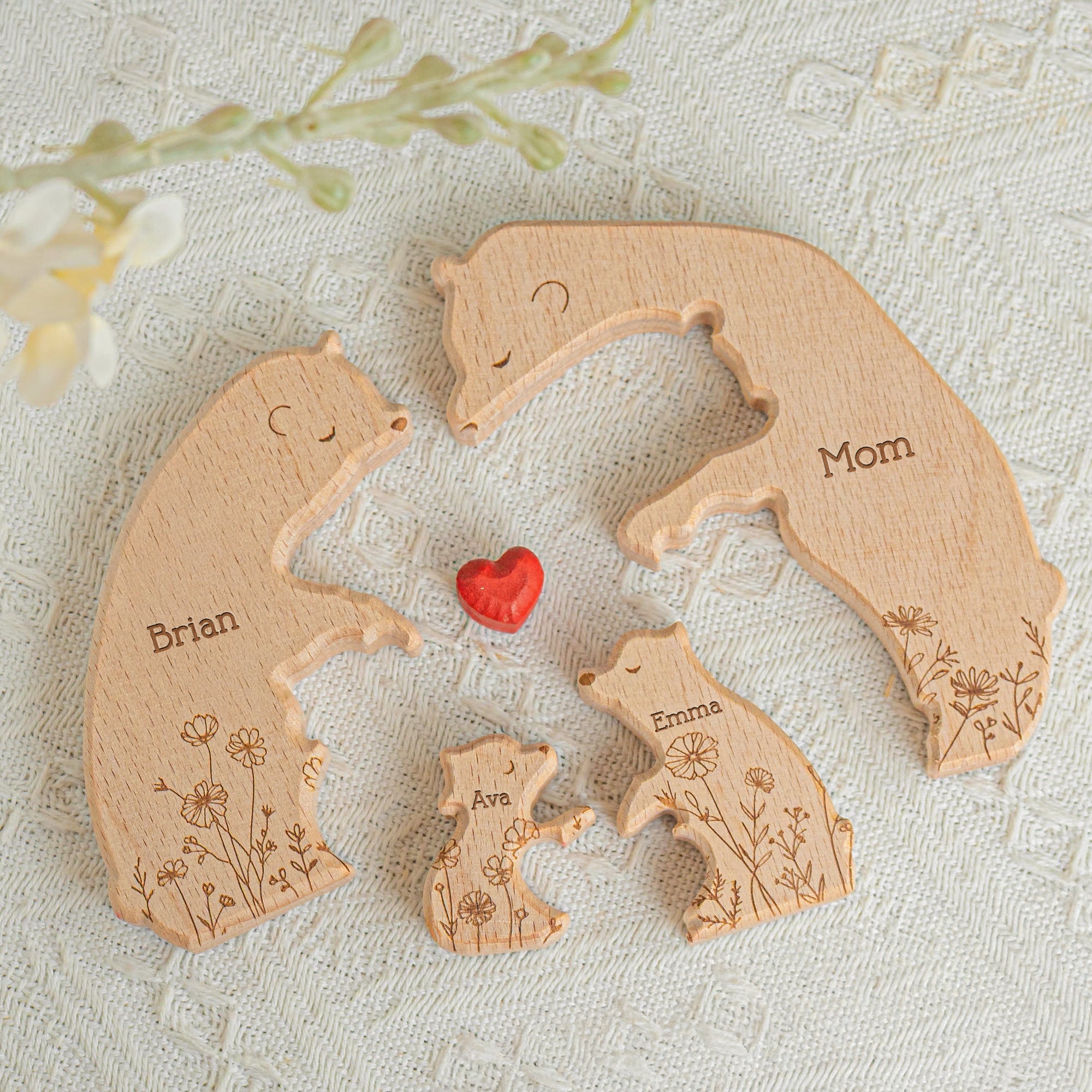 Hugging Bear Family Floral Version - Personalized Wooden Bear Family Puzzle - Christmas Gift For Mom
