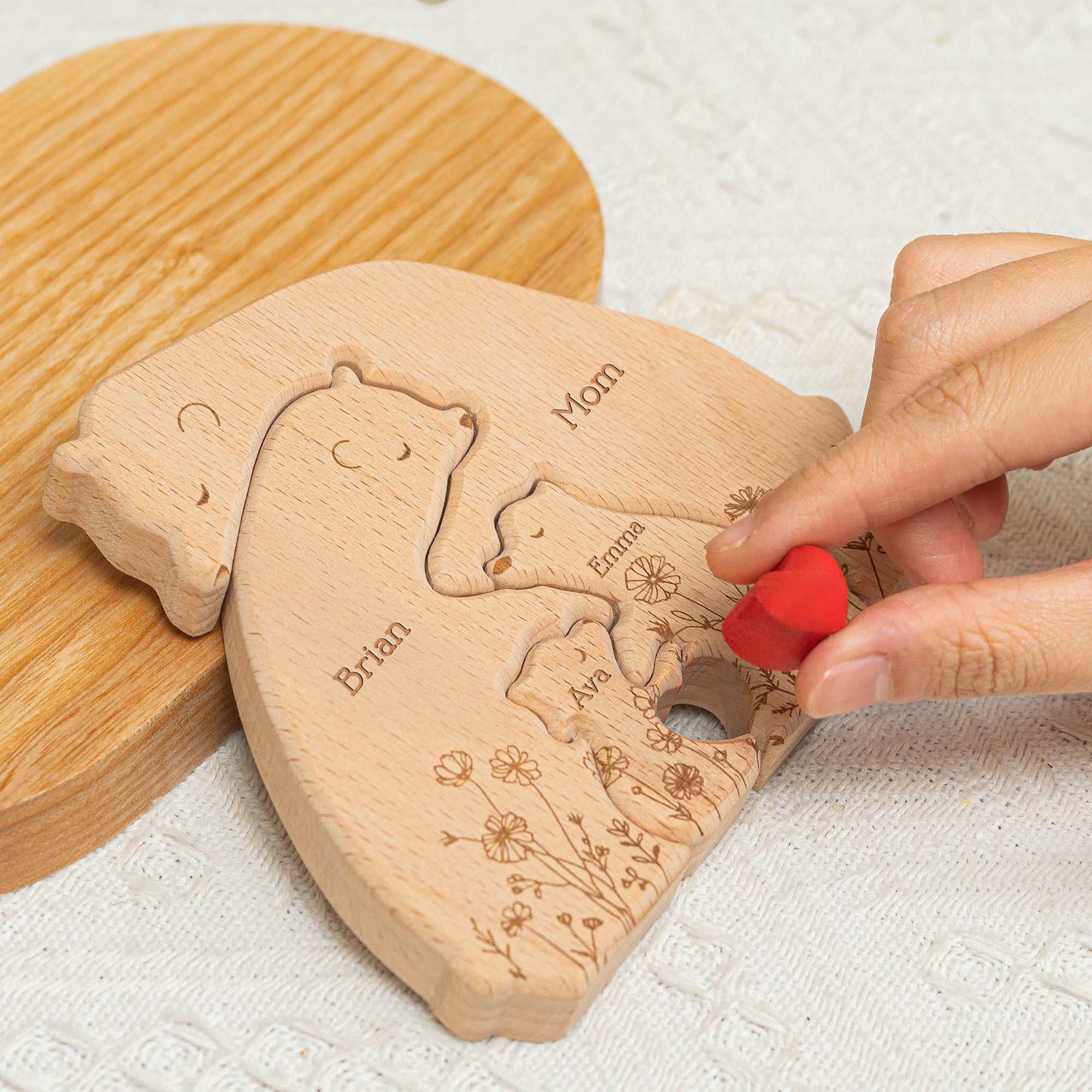 Hugging Bear Family Floral Version - Personalized Wooden Bear Family Puzzle - Christmas Gift For Mom