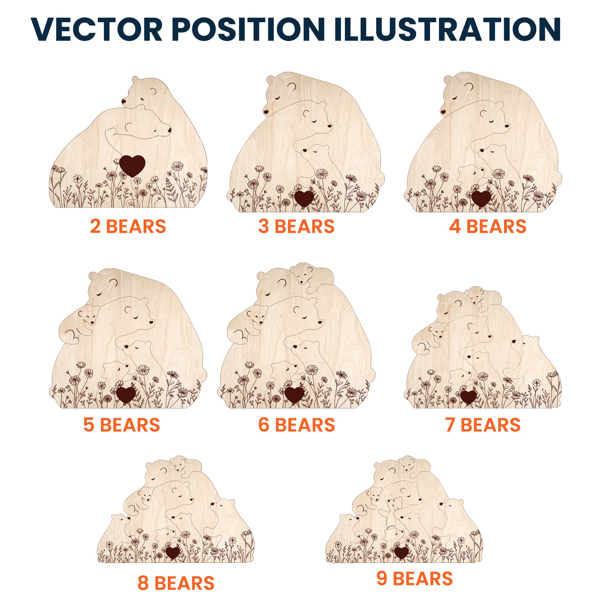 Hugging Bear Family Floral Version - Personalized Wooden Bear Family Puzzle - Christmas Gift For Mom