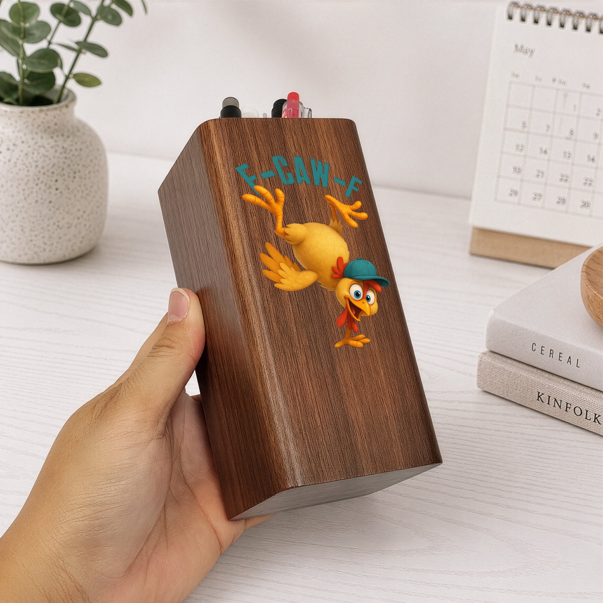 Humorous-F-Caw-F-For-Coworkers,-Friends,-Boss,-Family-Funny-Exchange-Gift-Personalized-Pen-Holder-With-Clock-3