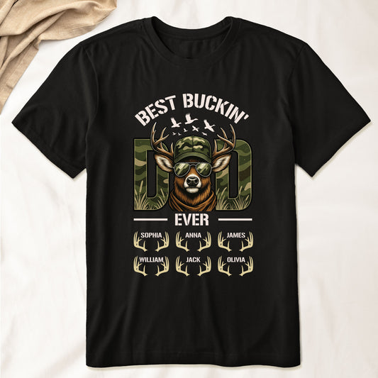 Hunter Dad Best Buckin' Dad Custom Kids Name - Personalized Shirt