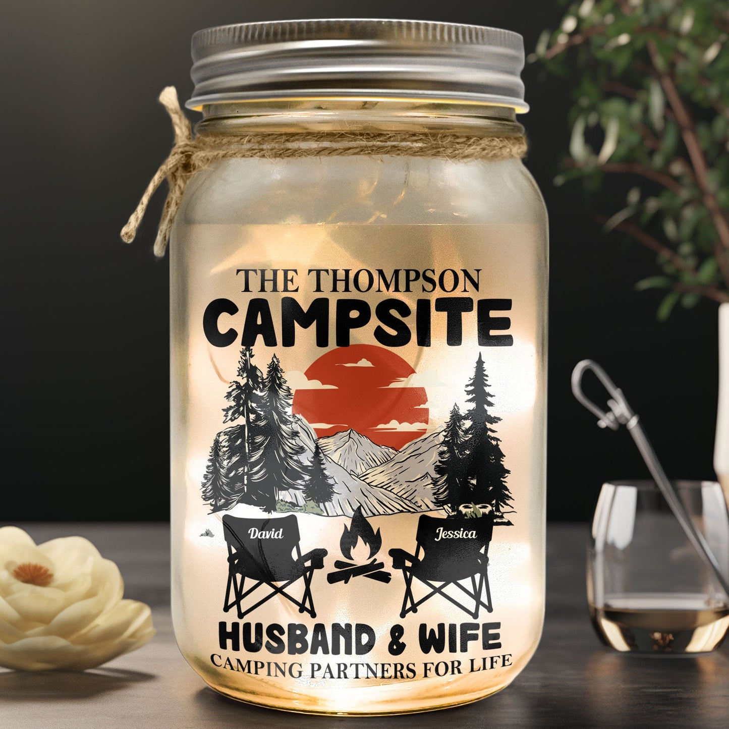 Husband & Wife Camping Partners For Life - Personalized Mason Jar Light