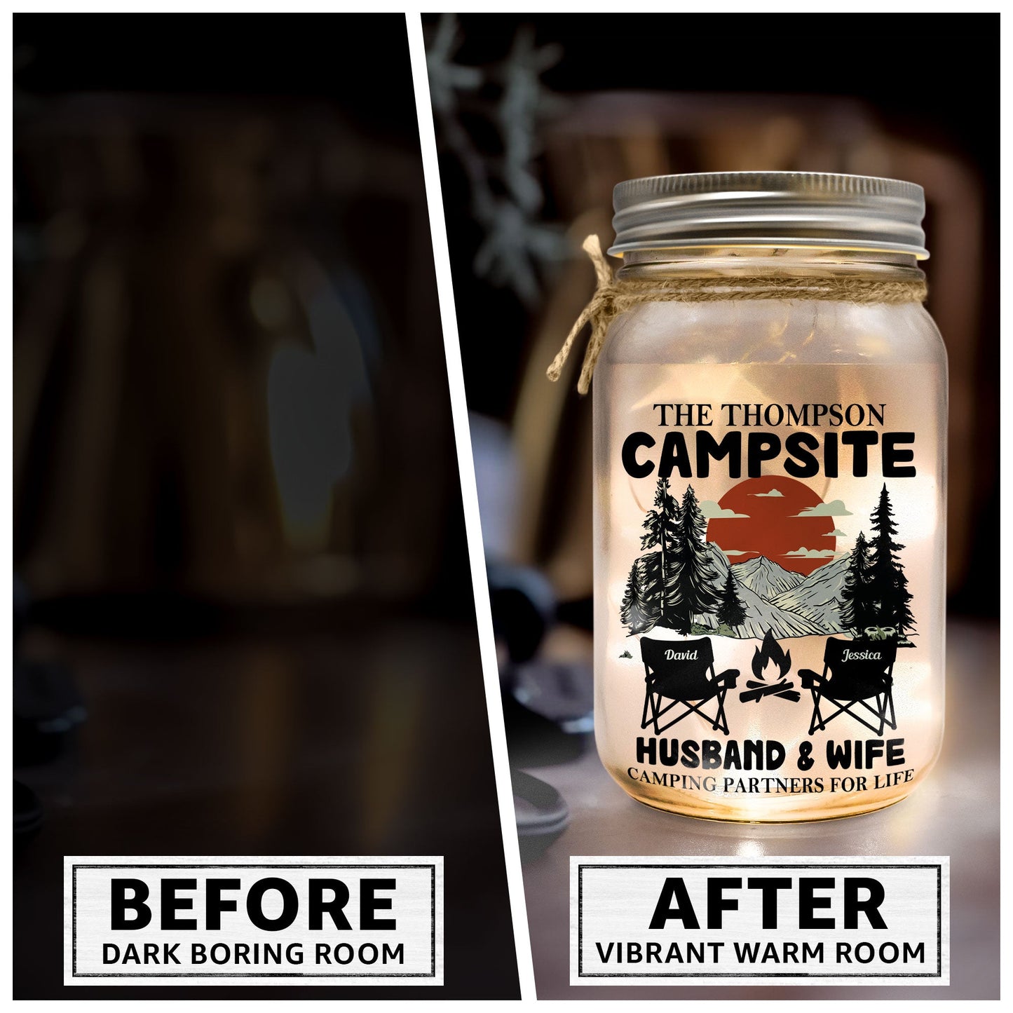 Husband & Wife Camping Partners For Life - Personalized Mason Jar Light