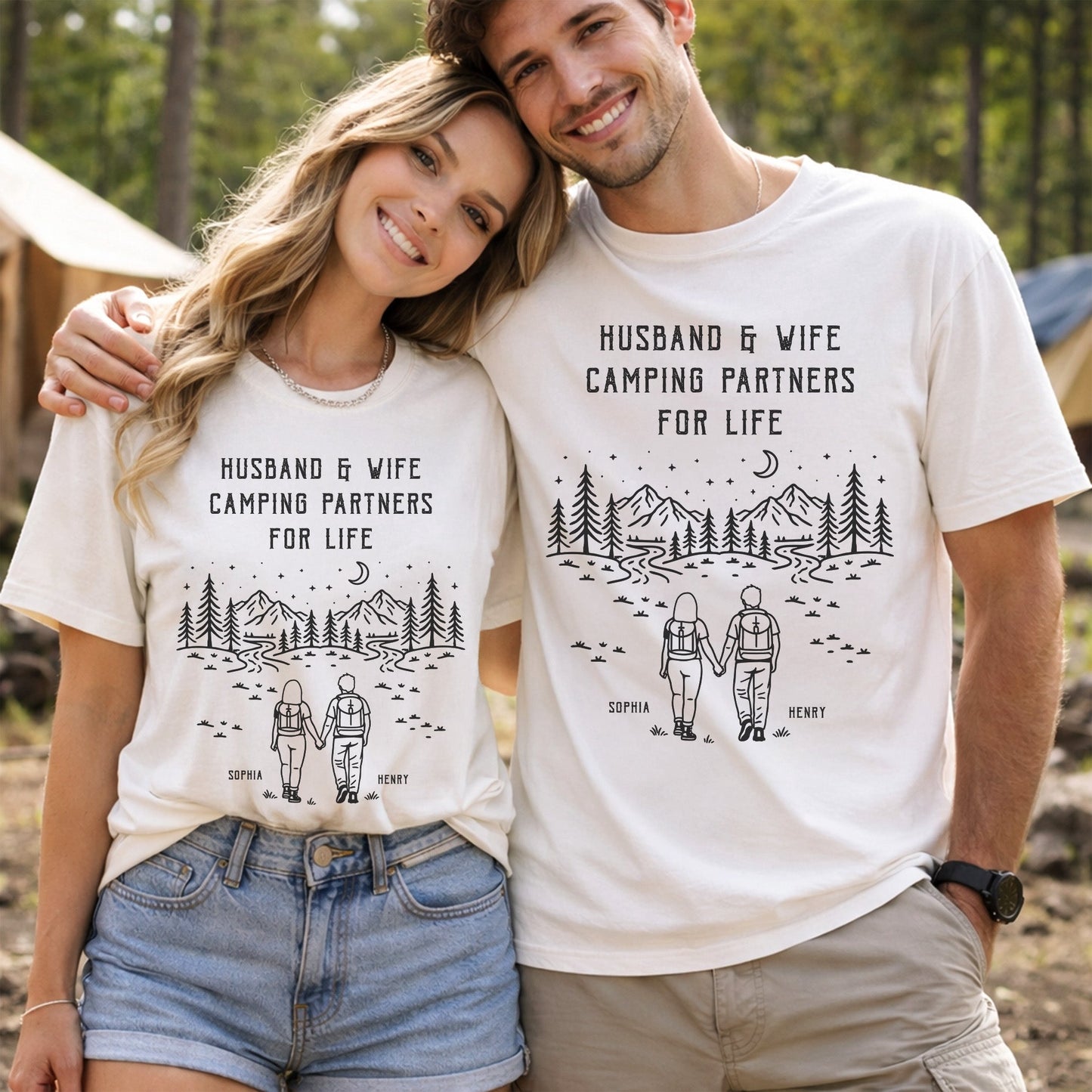 Husband_And_Wife_Camping_Partners_For_Life_Personalized_Couple_Matching_Comfort_Tee_1
