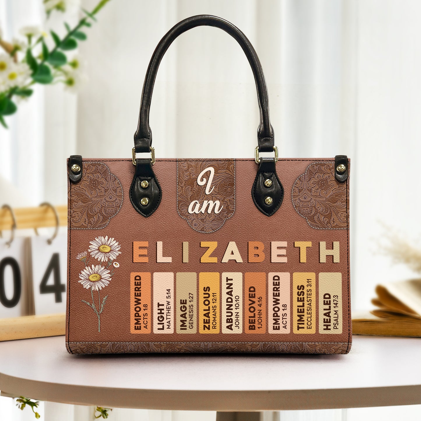 I Am Birth Flower Letter In Bible - Personalized Leather Bag