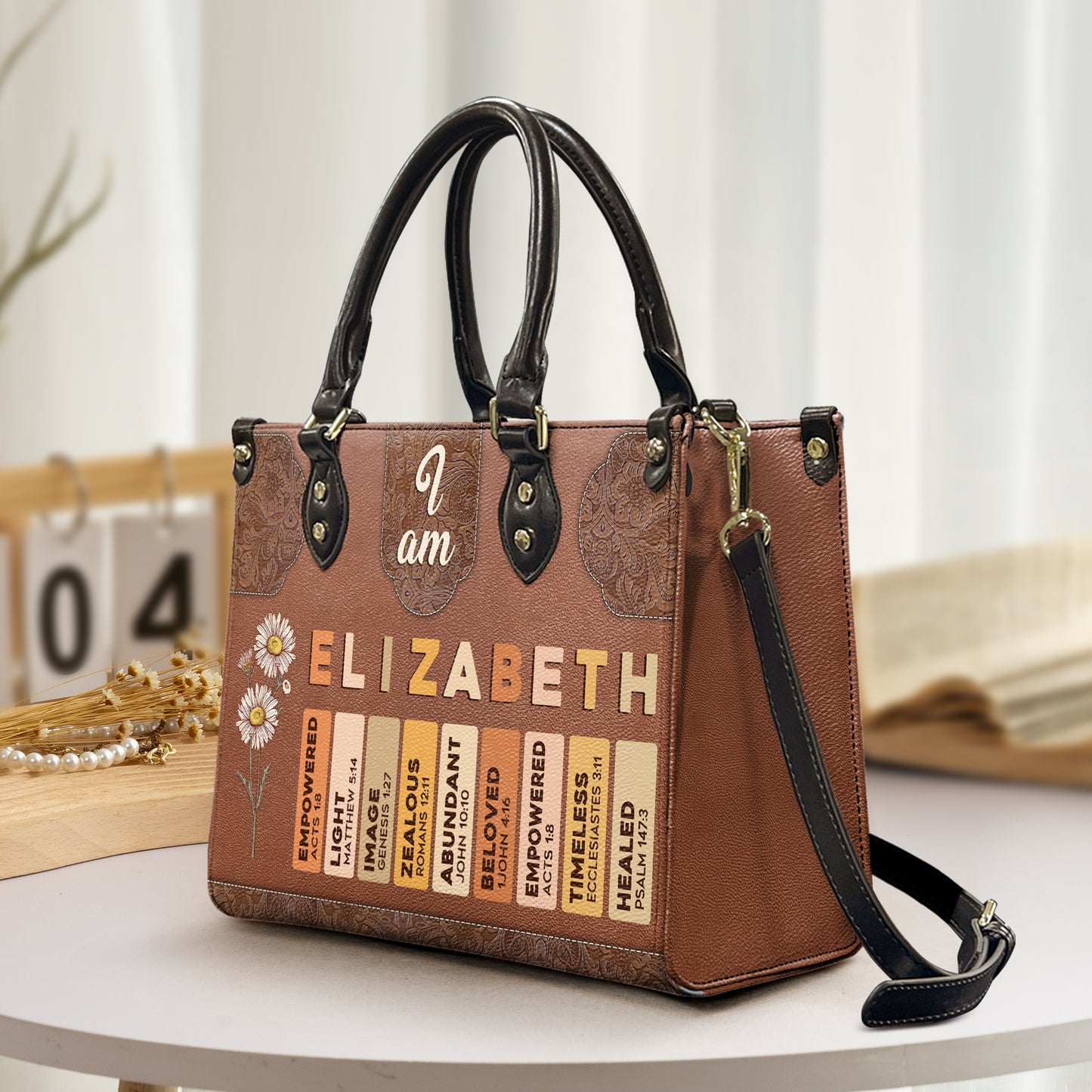 I Am Birth Flower Letter In Bible - Personalized Leather Bag