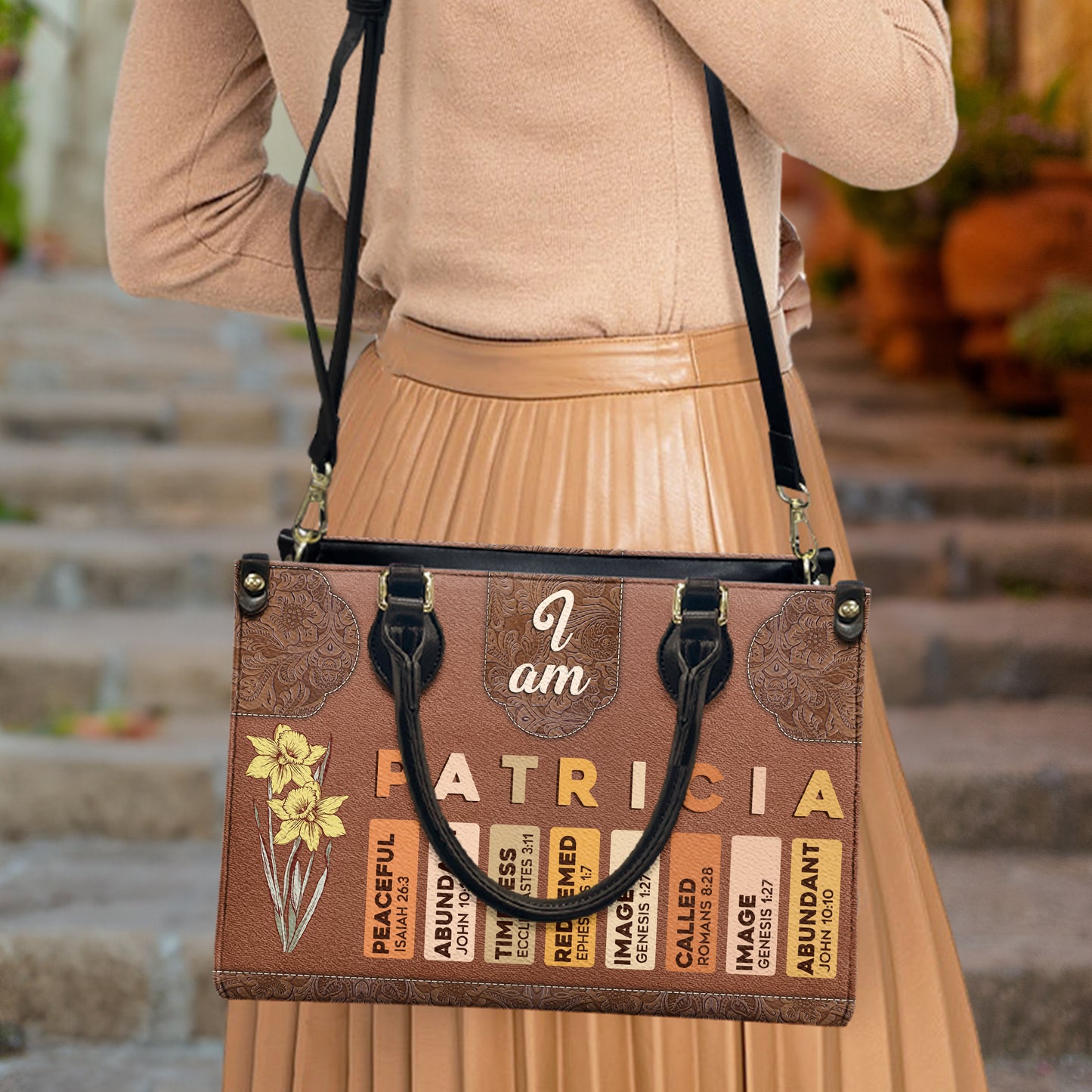 I Am Birth Flower Letter In Bible - Personalized Leather Bag