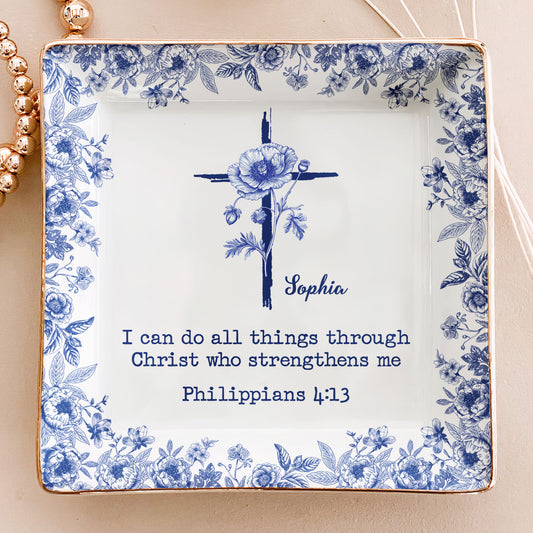 I Can Do All Things Birth Flower Toile De Jouy - Personalized Jewelry Dish