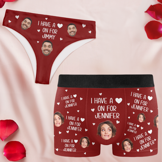 I Have A Heart On For - Personalized  Photo Couple Matching Underwear