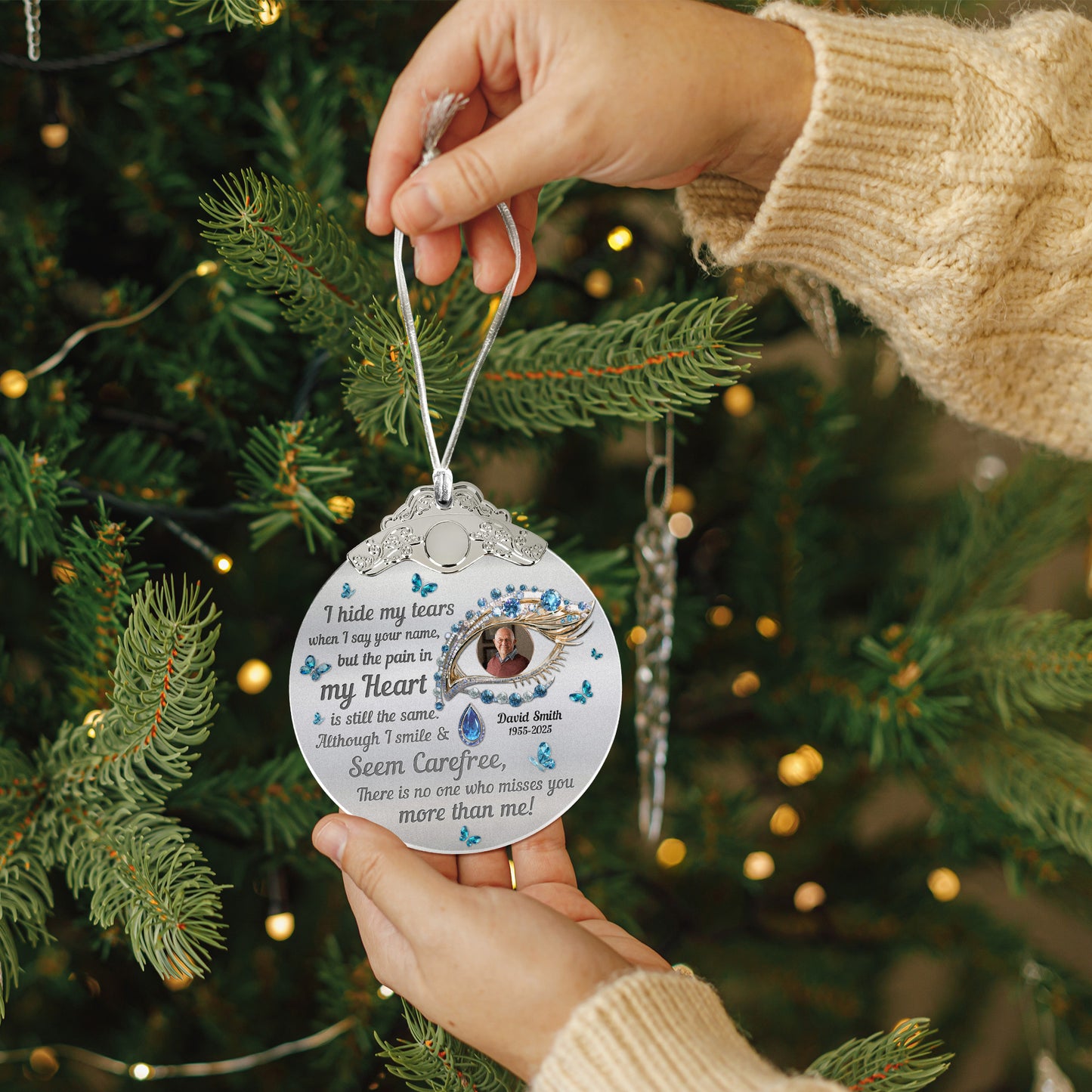 I Hide My Tears Memorial Loss Of Loved Ones - Personalized Glass Photo Ornament With Silver Cap