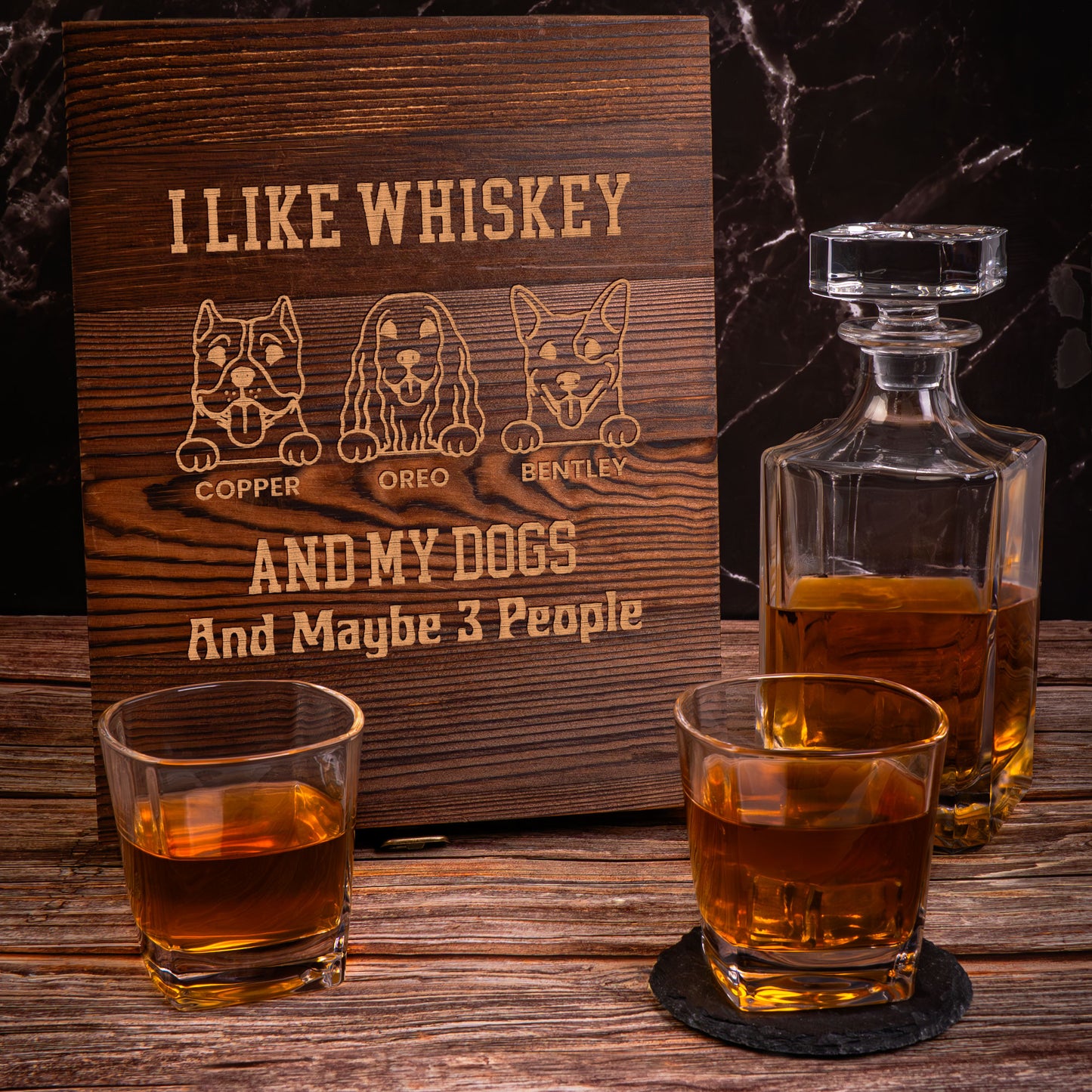 I Like Whiskey, Bourbon, My Dogs & Maybe 3 People - Personalized Whiskey Decanter Set