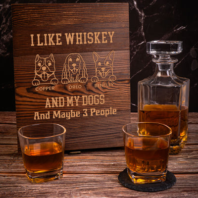 I Like Whiskey, Bourbon, My Dogs & Maybe 3 People - Personalized Whiskey Decanter Set
