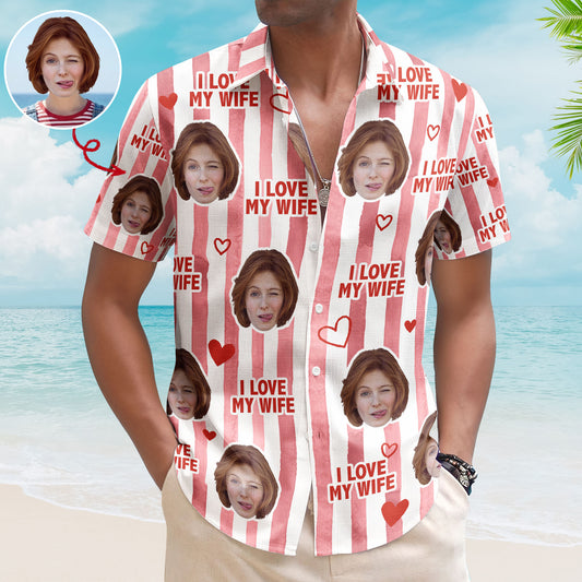 I Love My Wife Stripe Pattern Summer Trip - Personalized Photo Hawaiian Shirt