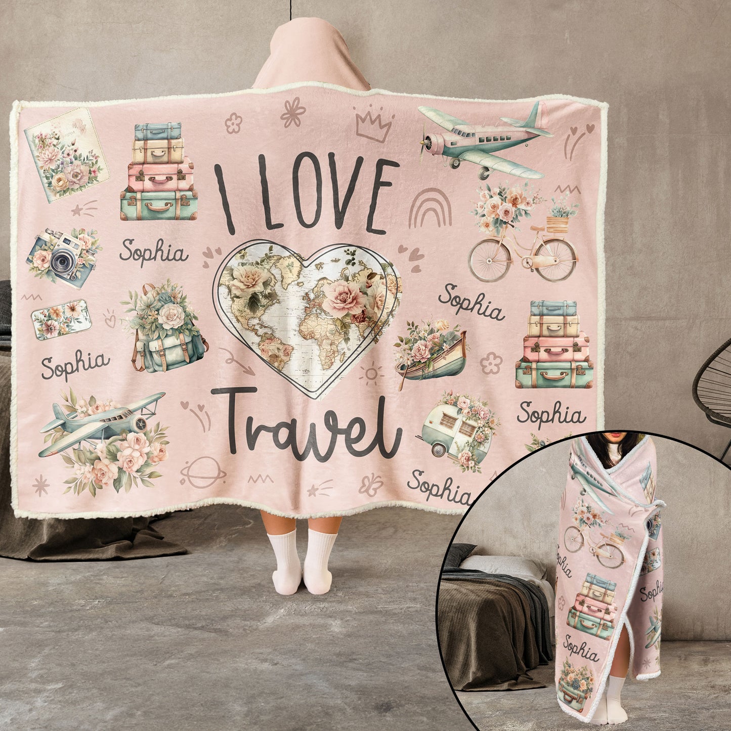 I Love Travel Vintage Floral - Personalized Wearable Blanket Hoodie