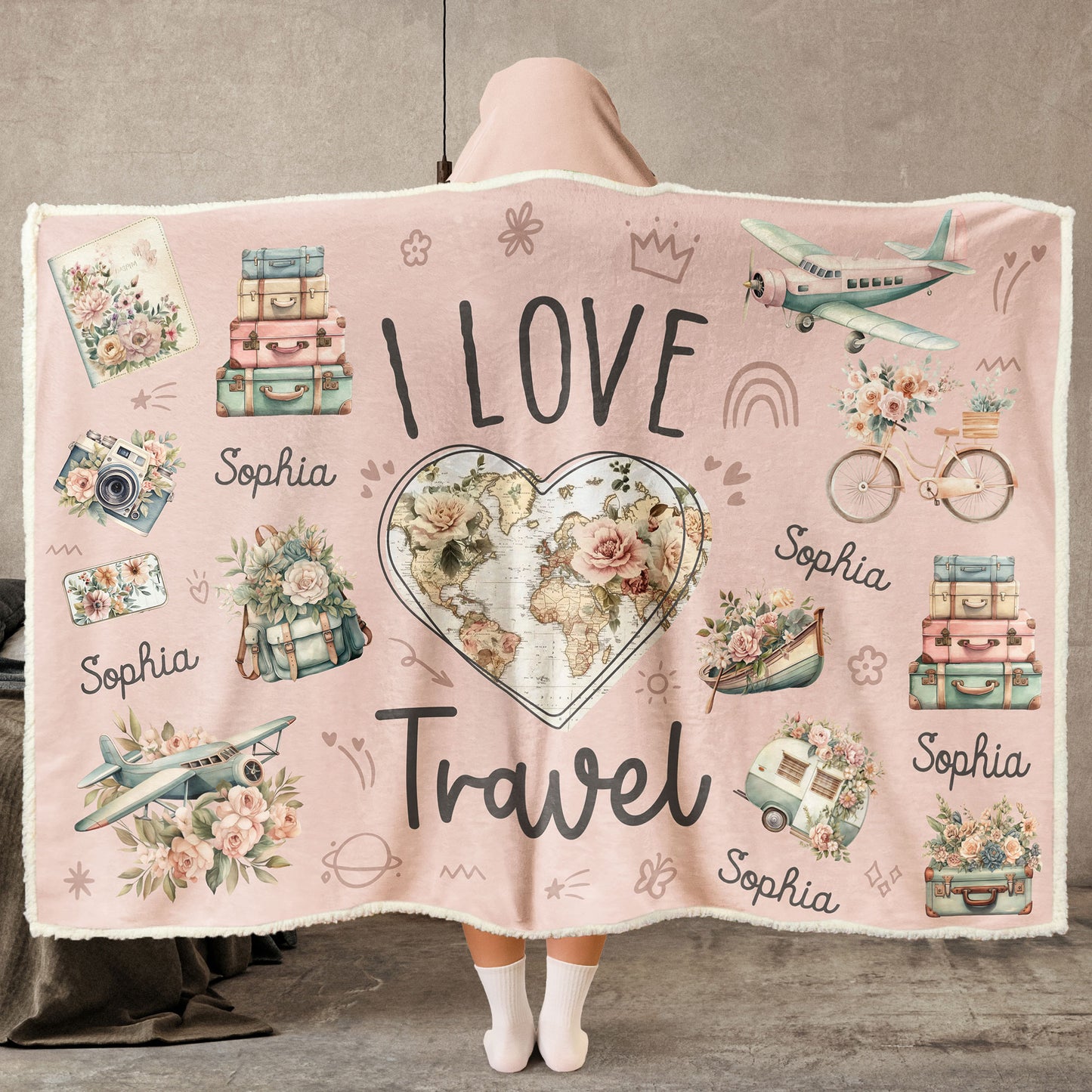 I Love Travel Vintage Floral - Personalized Wearable Blanket Hoodie